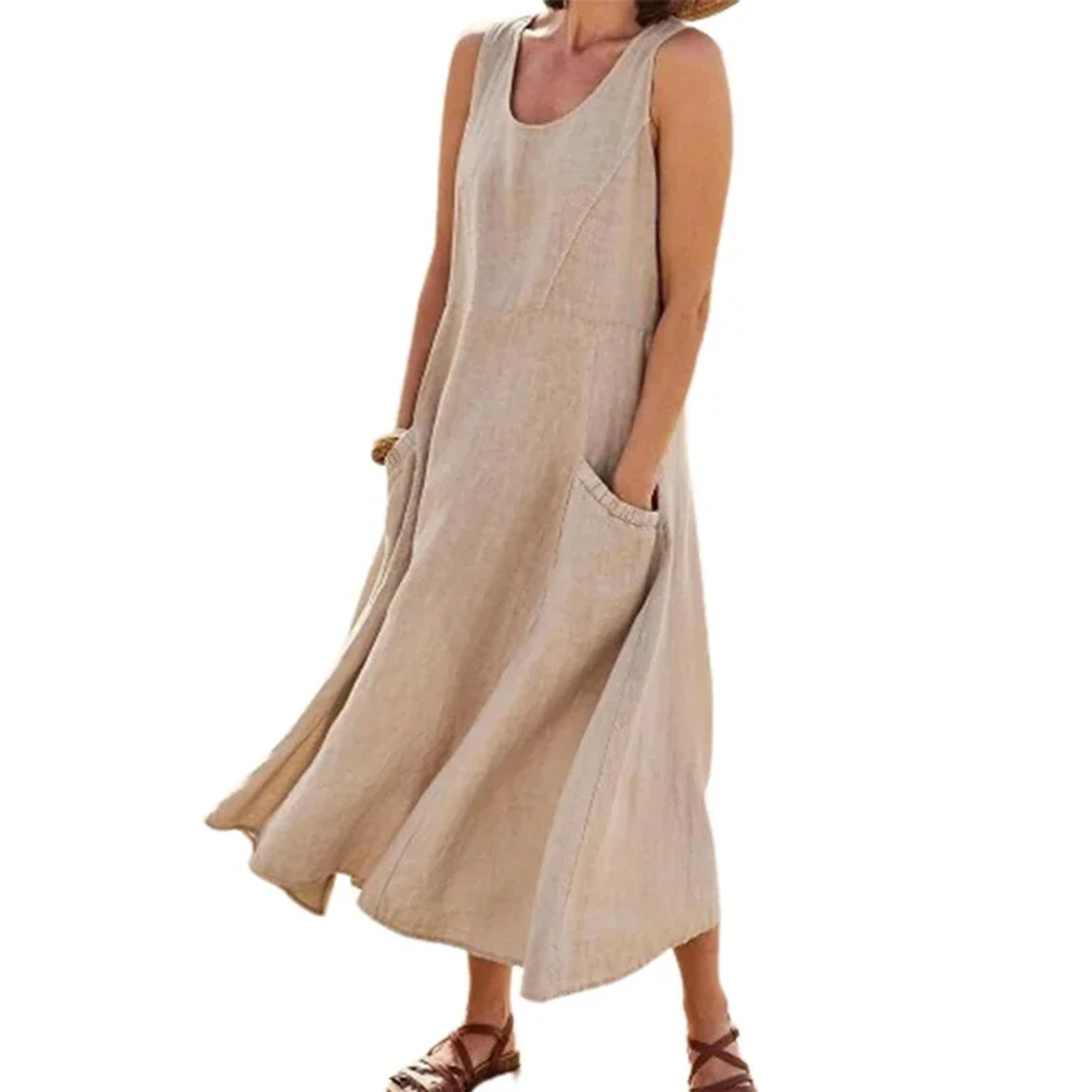 women's casual cotton linen summer dress with pockets