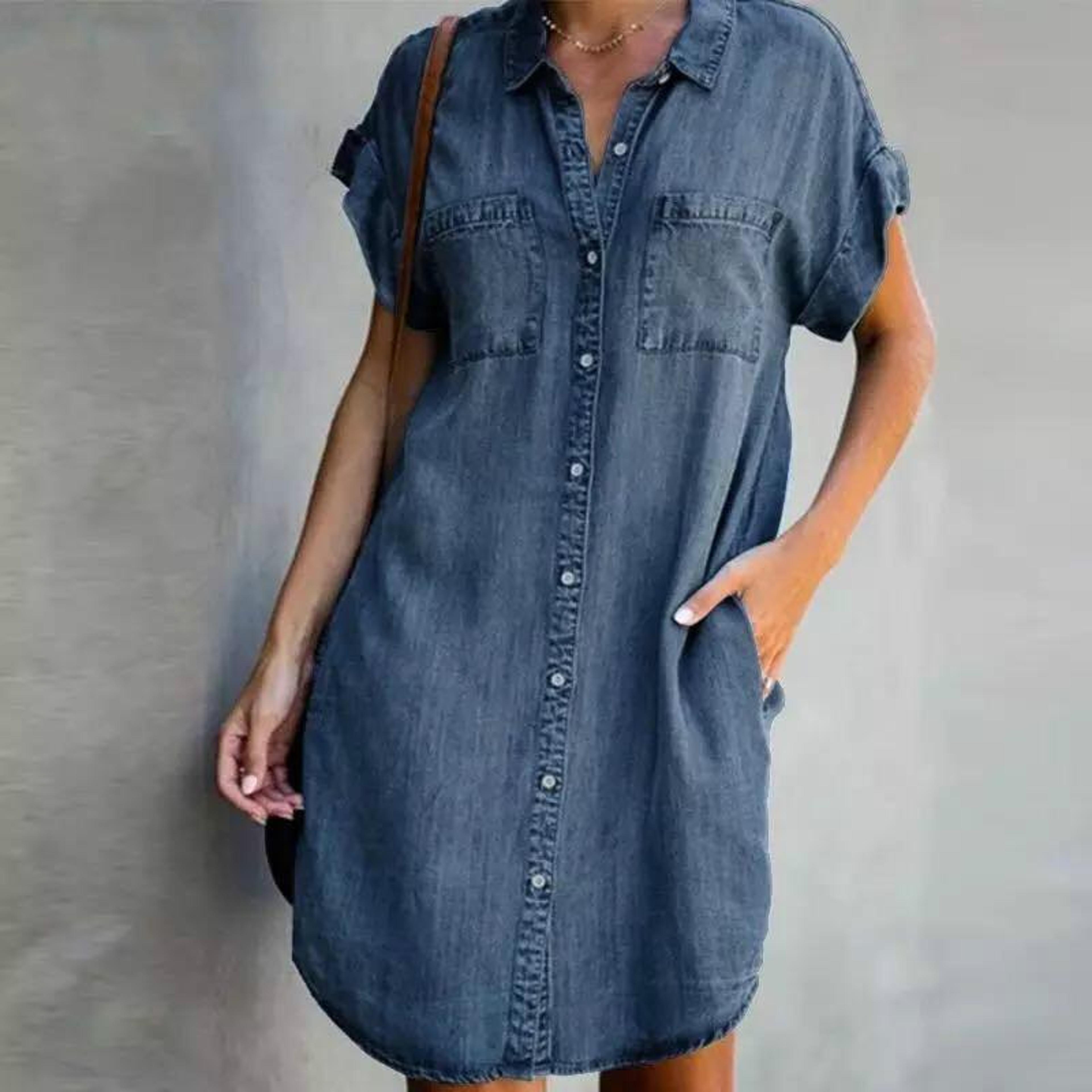 retro denim shirt dress with pockets - casual loose short button down western denim dress for women