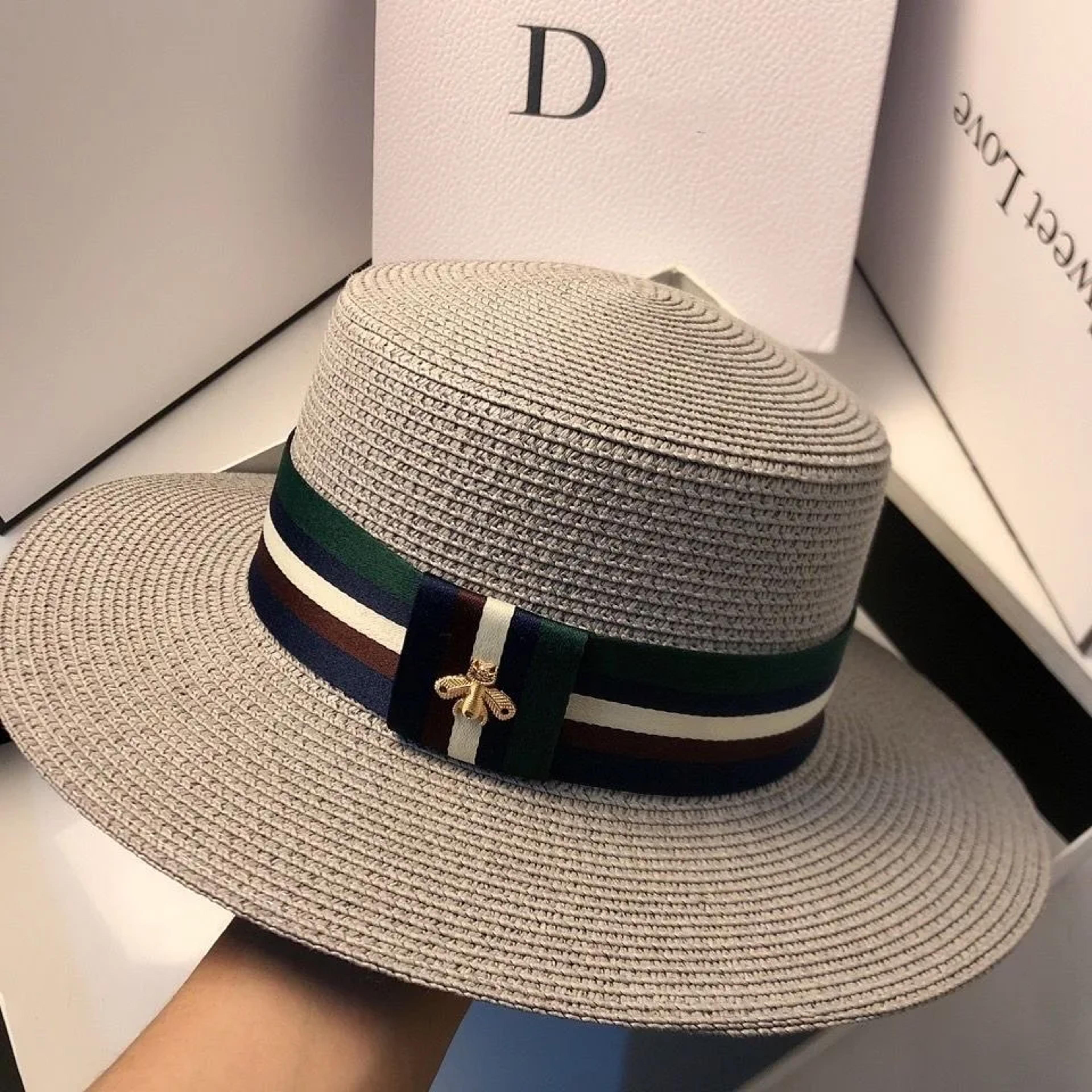 aura chic striped bee embroidered wide brim straw sun hat