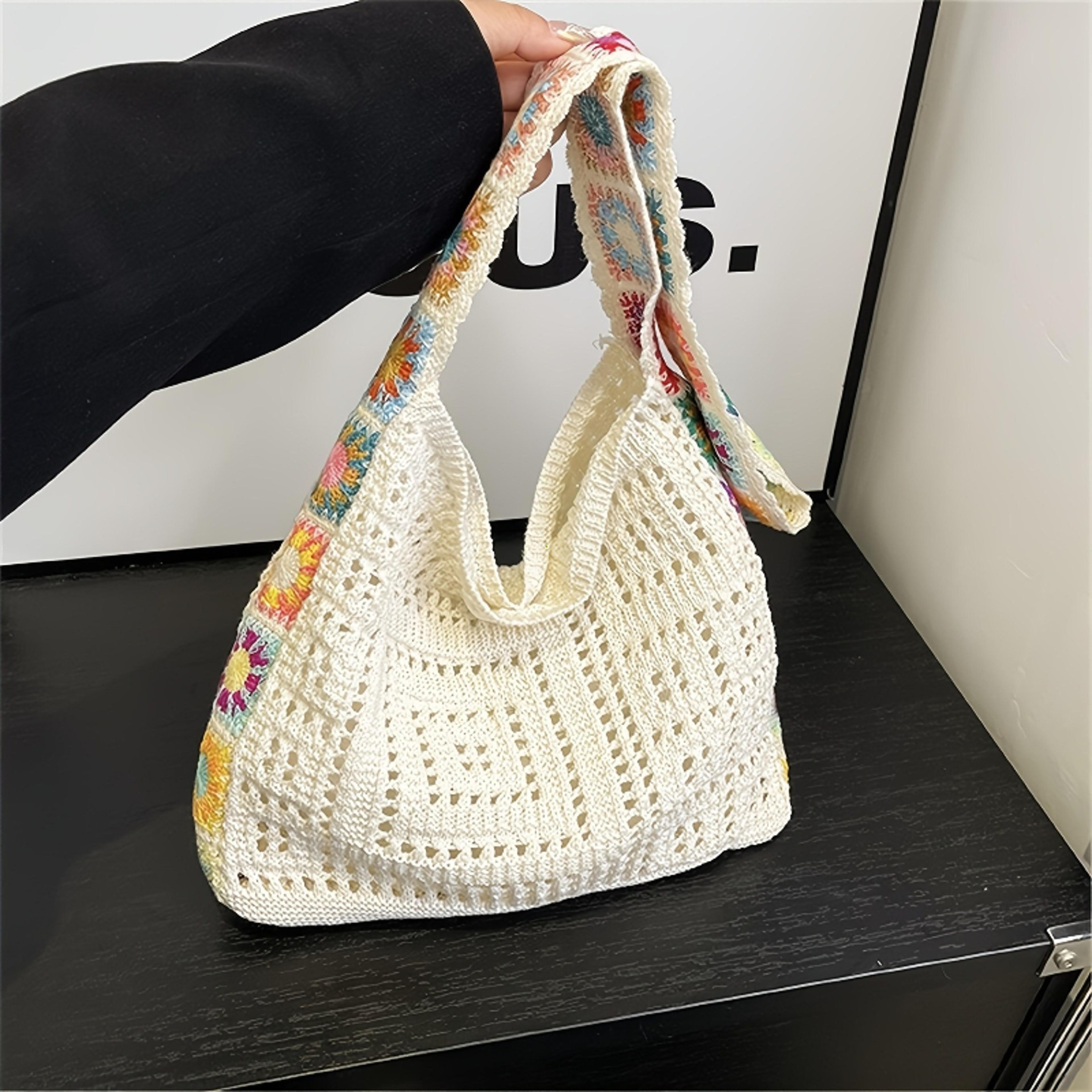 boho floral crochet tote bag – large summer beach woven shoulder handbag