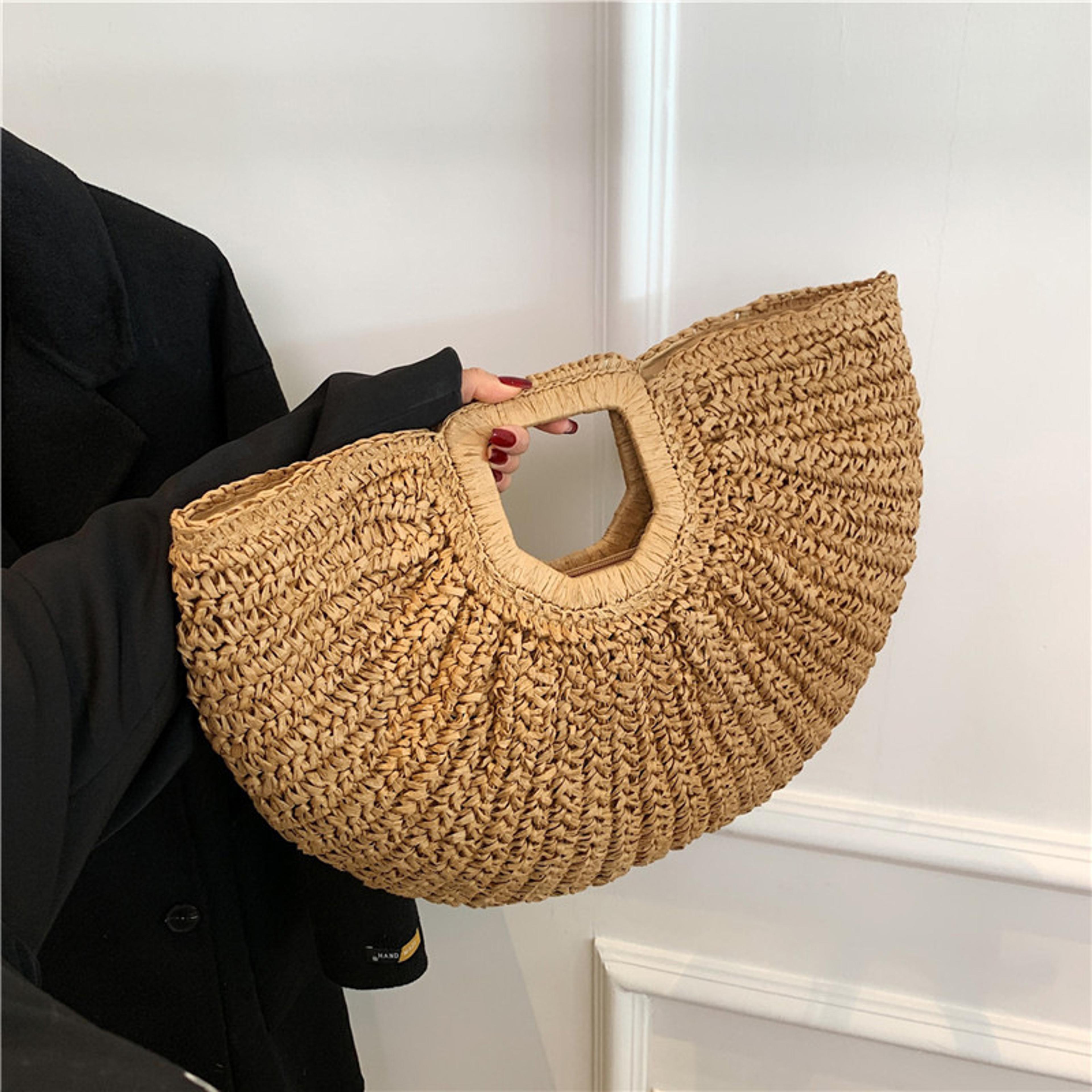 handmade half moon straw beach bag - chic rattan handle summer tote