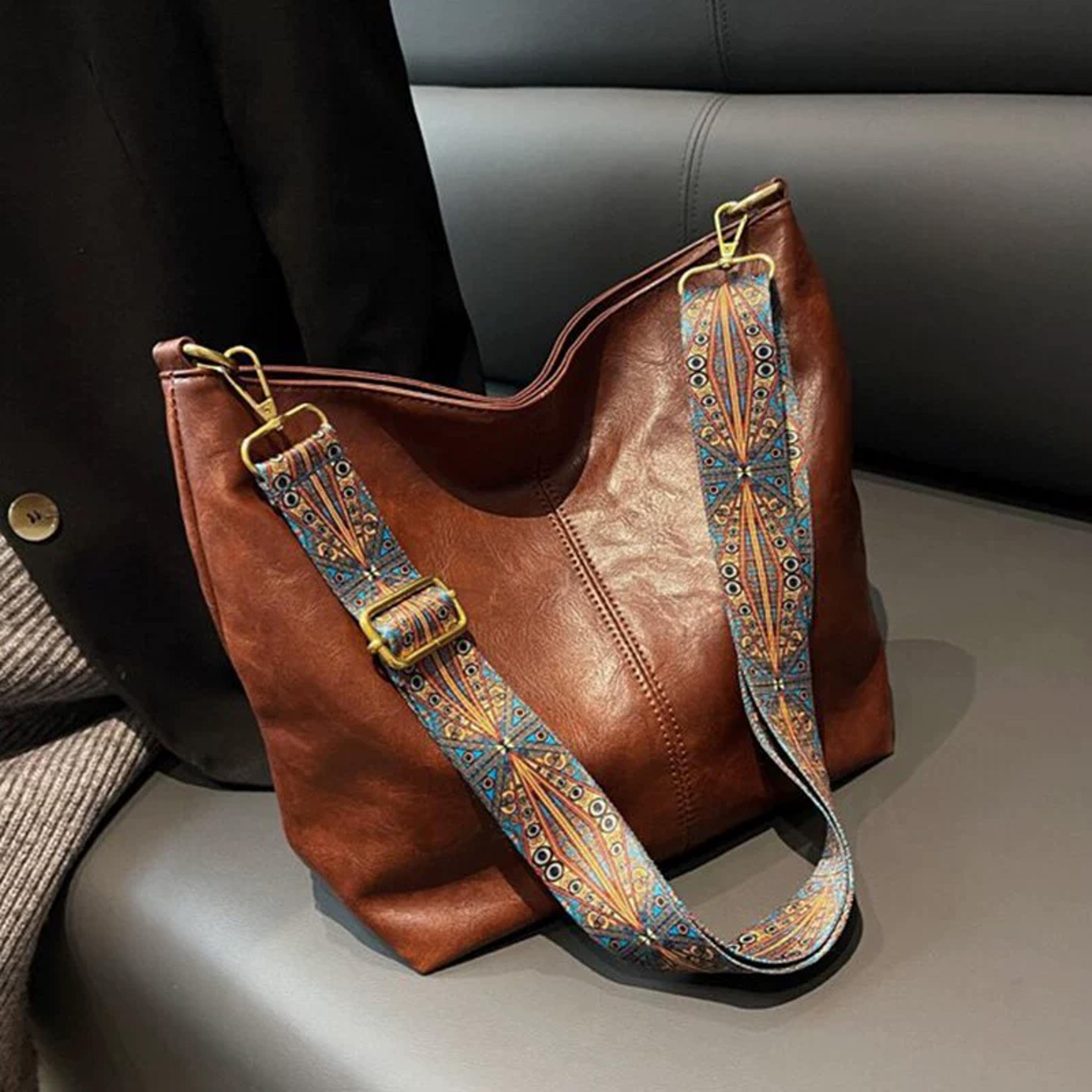 vintage pu leather large capacity hobo tote wide strap crossbody purse