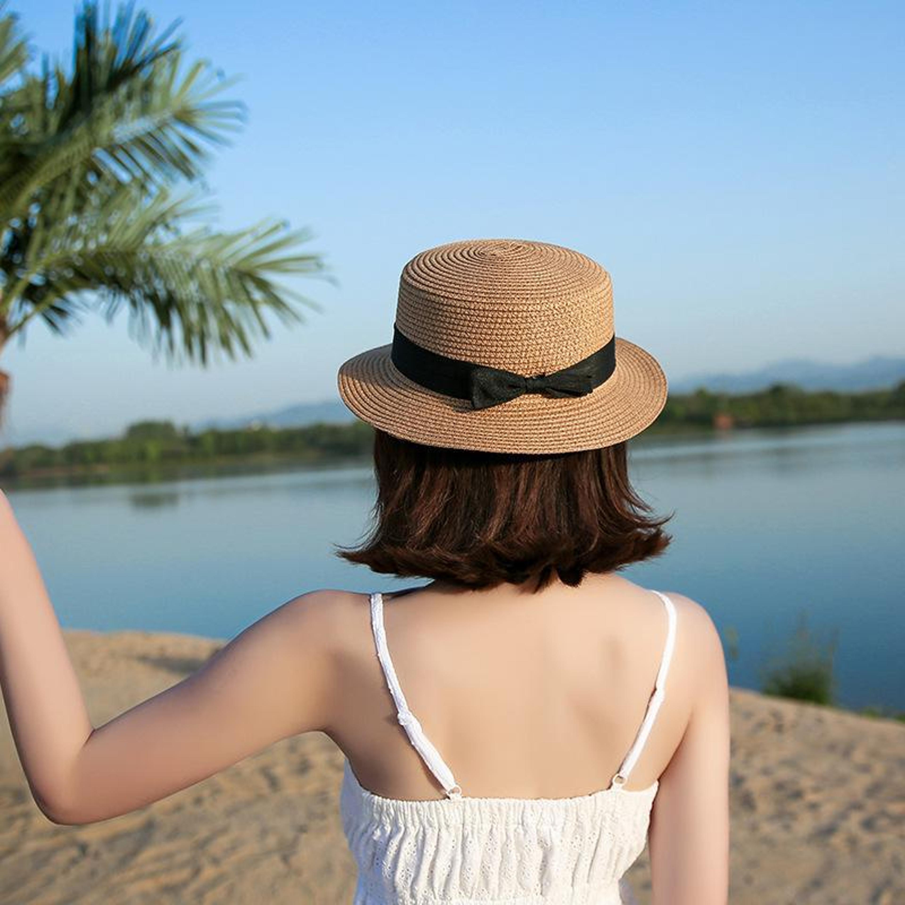 panama straw sun hat with flat brim & elegant bowknot accent