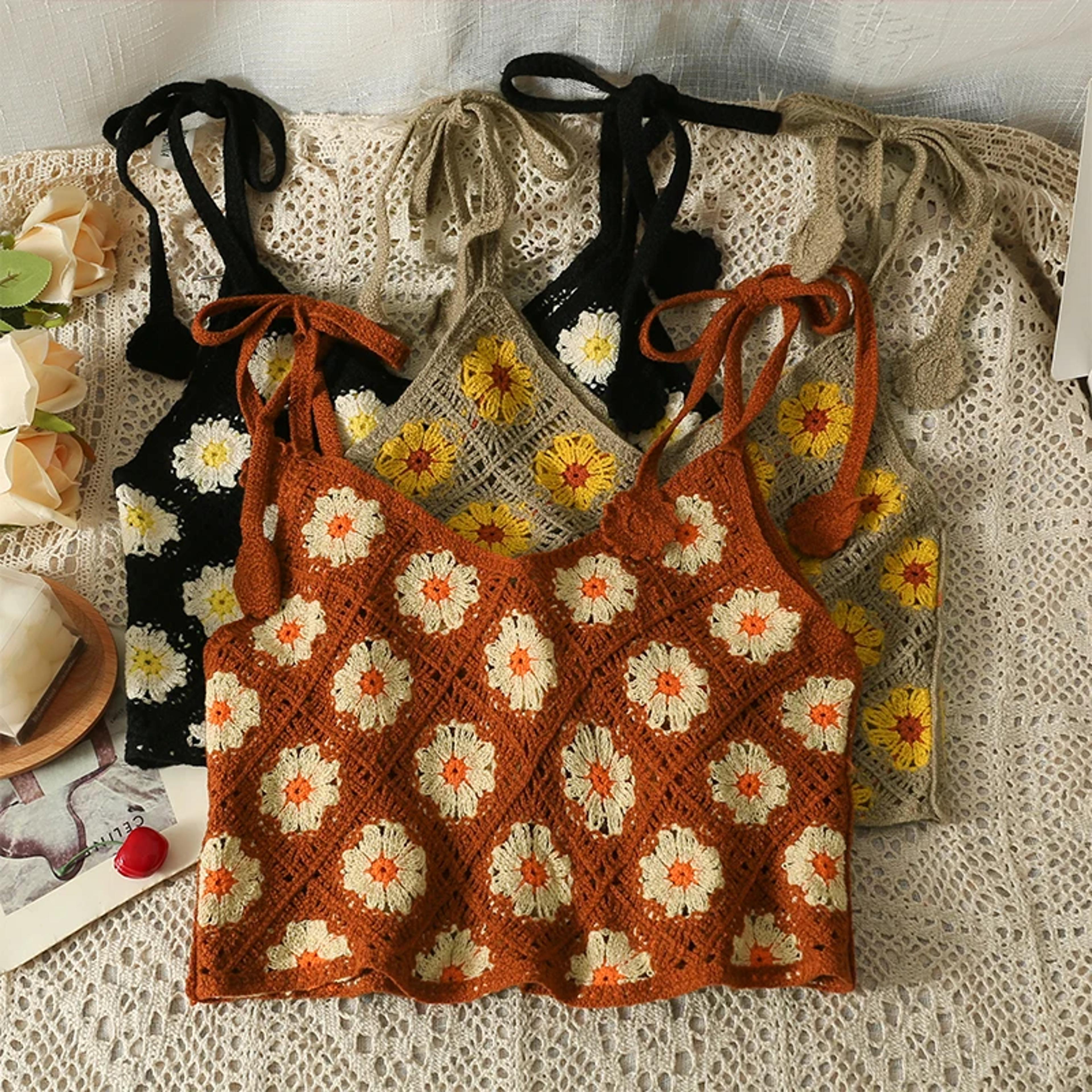 floral embroidery crochet crop top - vintage lace up summer beach tank