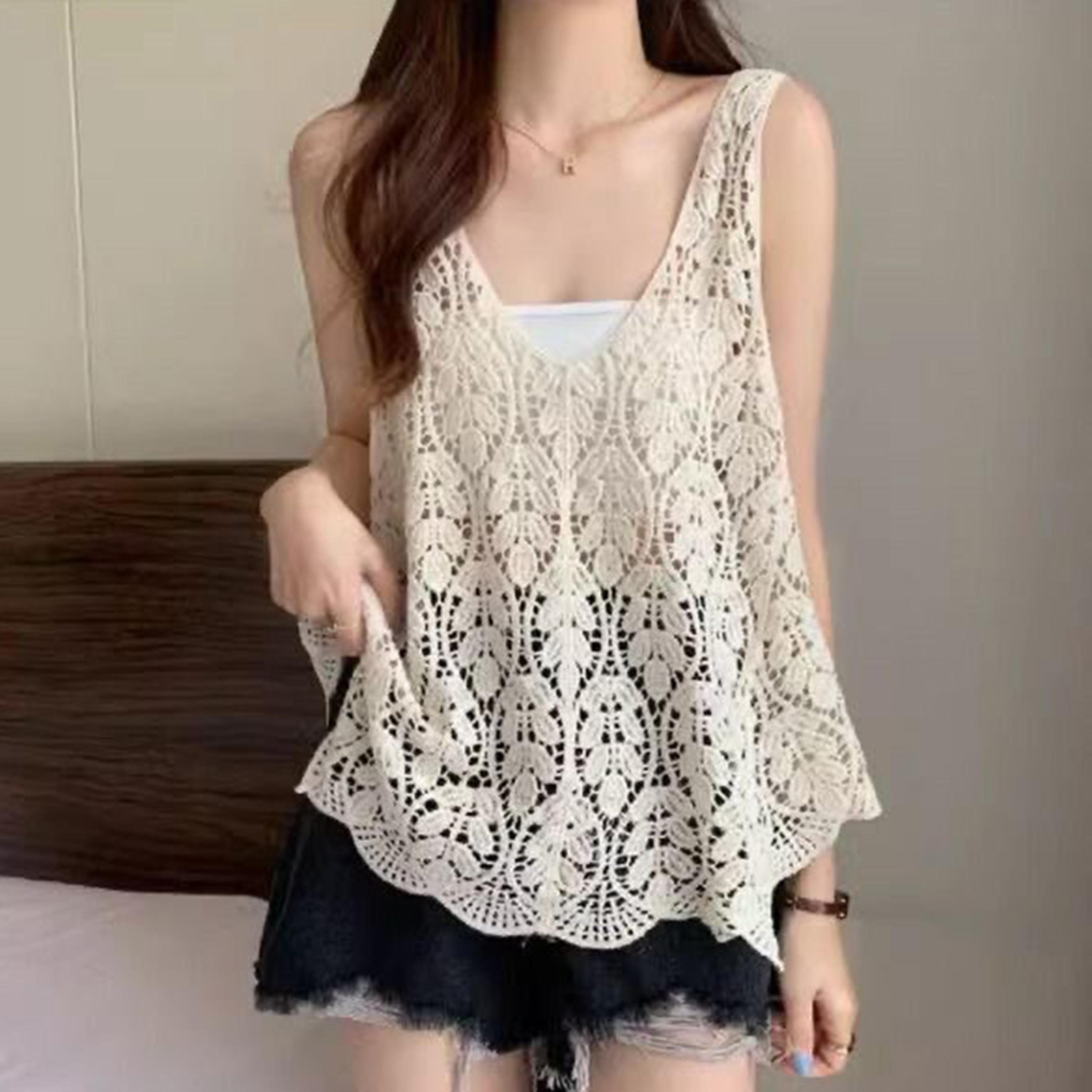 bohemian crochet lace tank top - leaf embroidery summer knit cover up