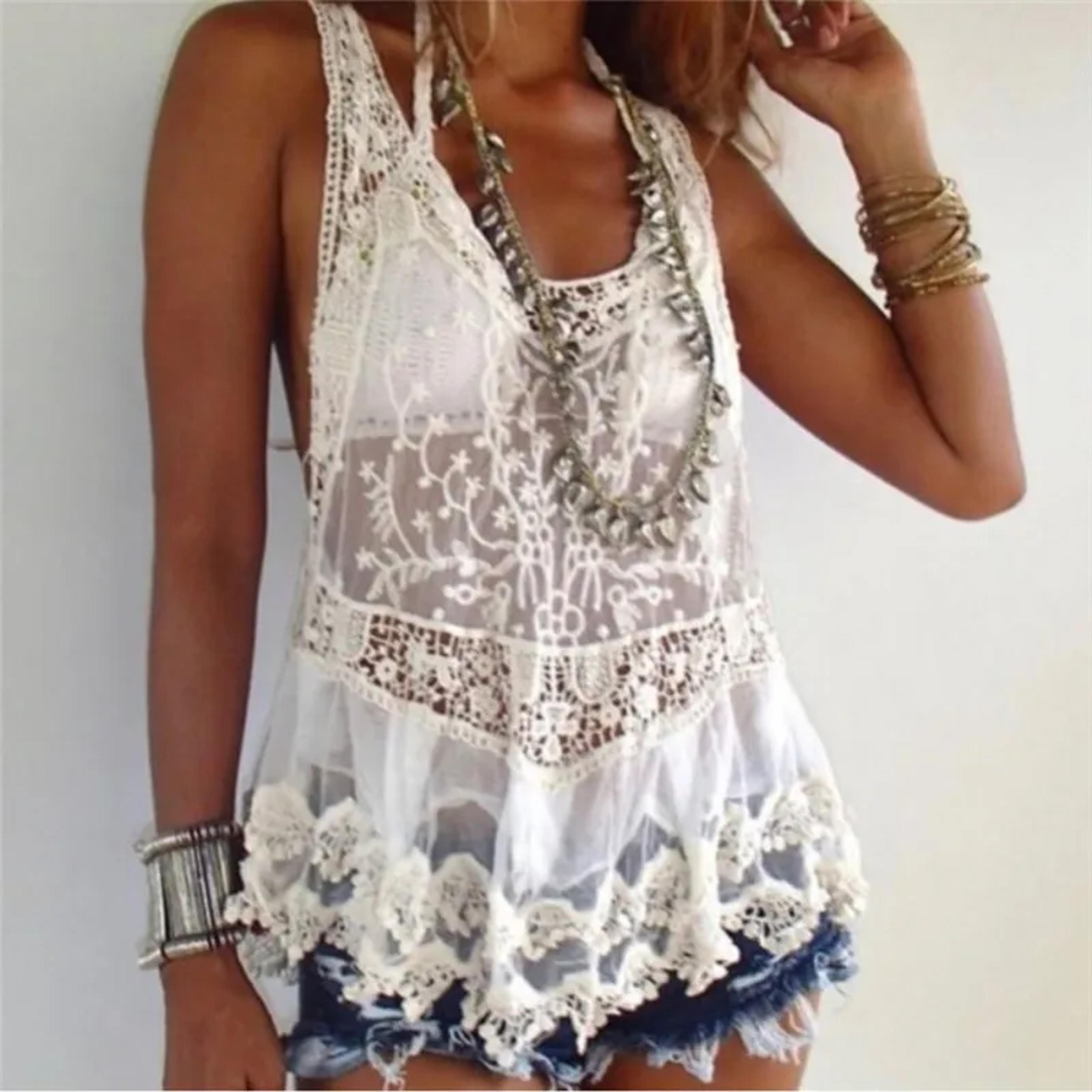 boho crochet lace racerback tank top - breathable summer beach swim cover up