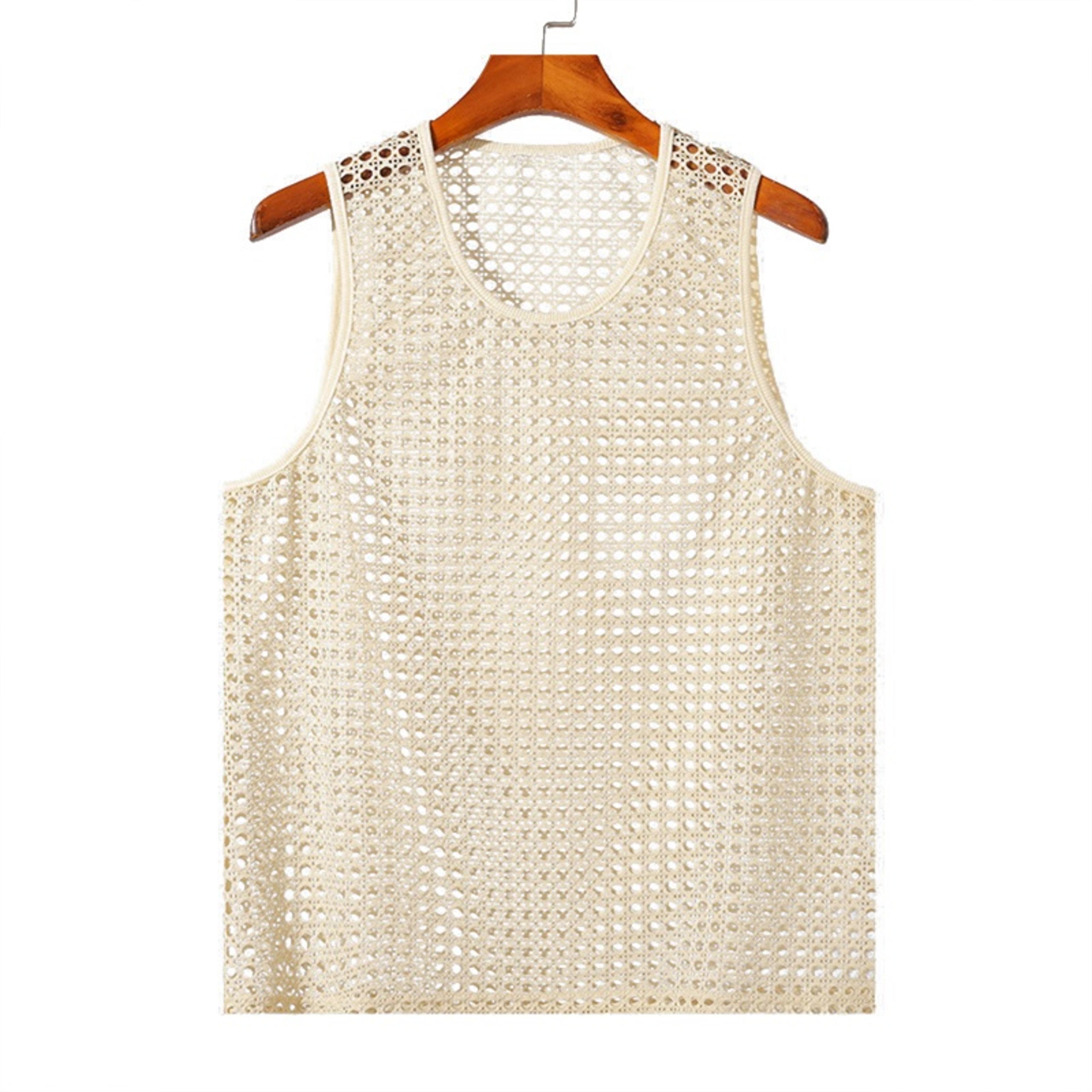 men's crochet tank top - breathable knit summer beach hippie shirt