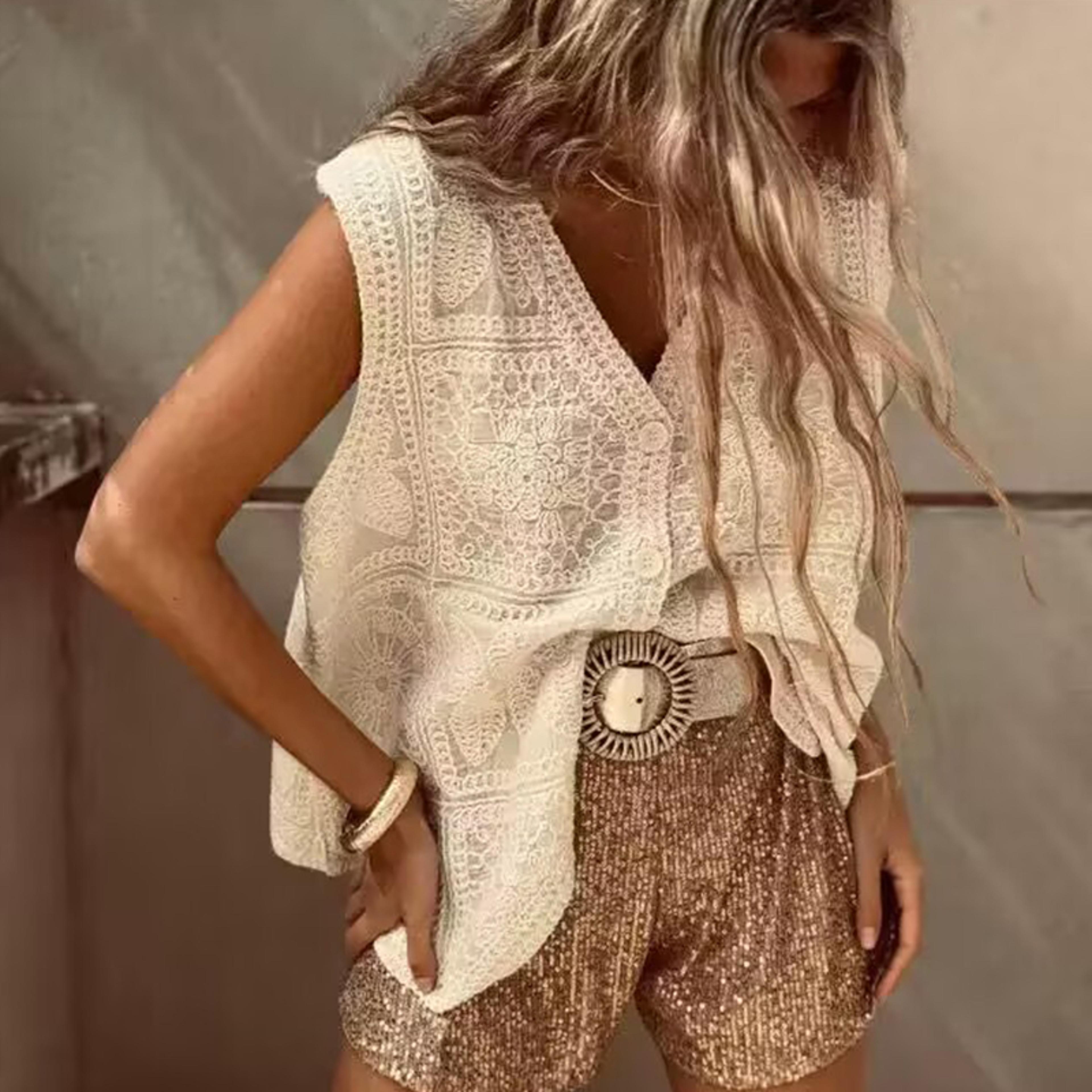chic vintage crochet v neck sleeveless knitted top - casual summer vacation vest