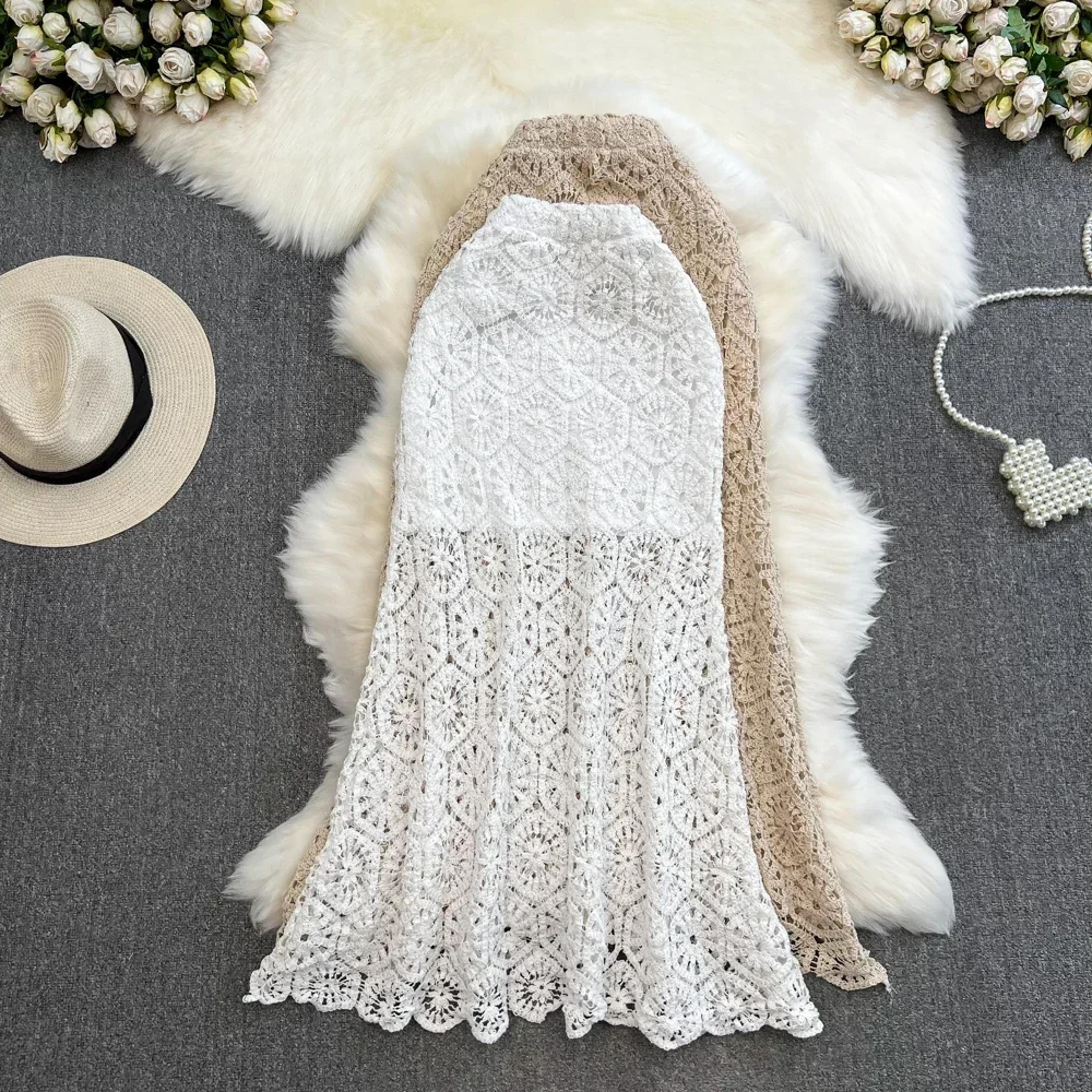 boho crochet hollow out long skirt elegant lace patchwork trumpet summer skirt