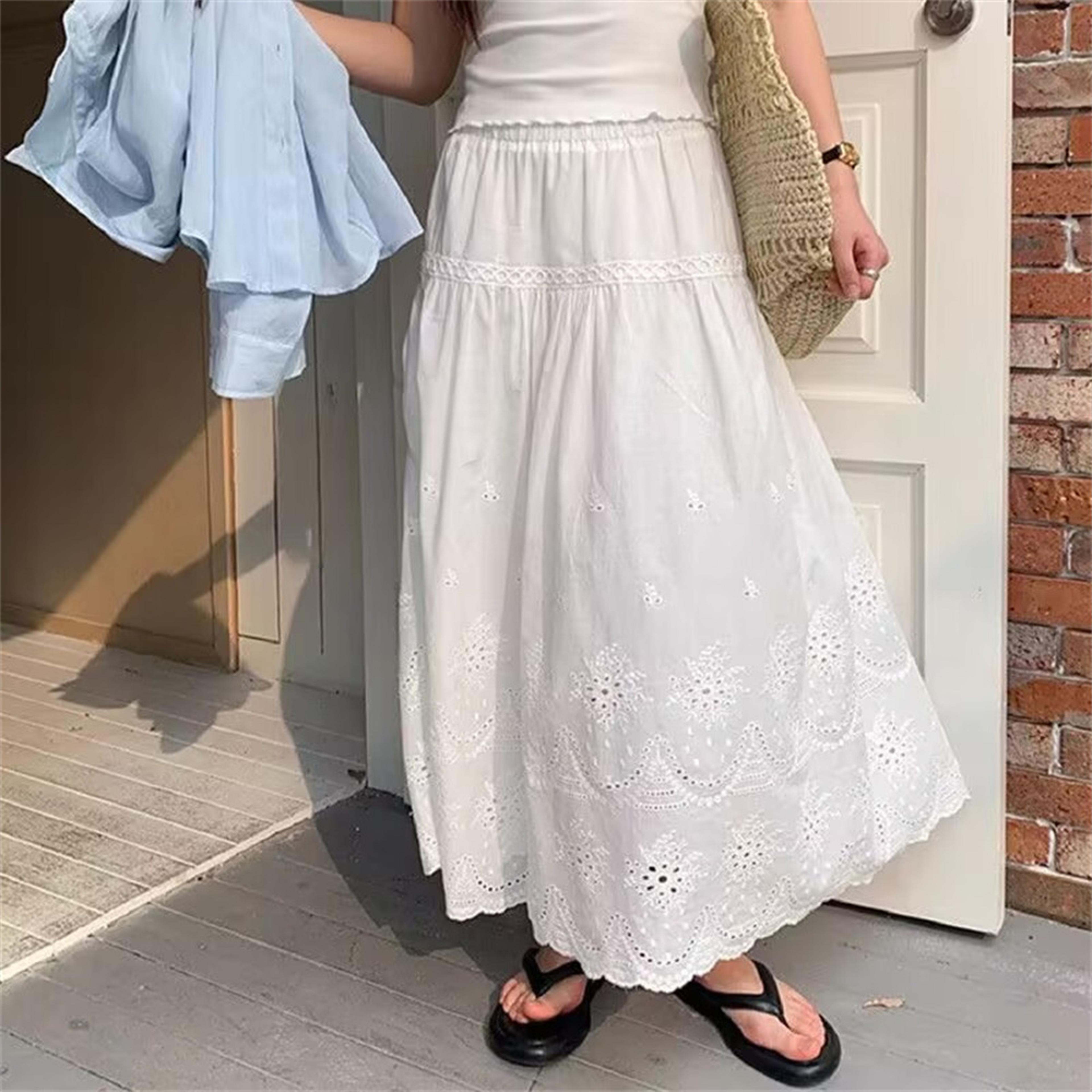 boho cotton crochet maxi skirt - elegant lace embroidery a line summer skirt