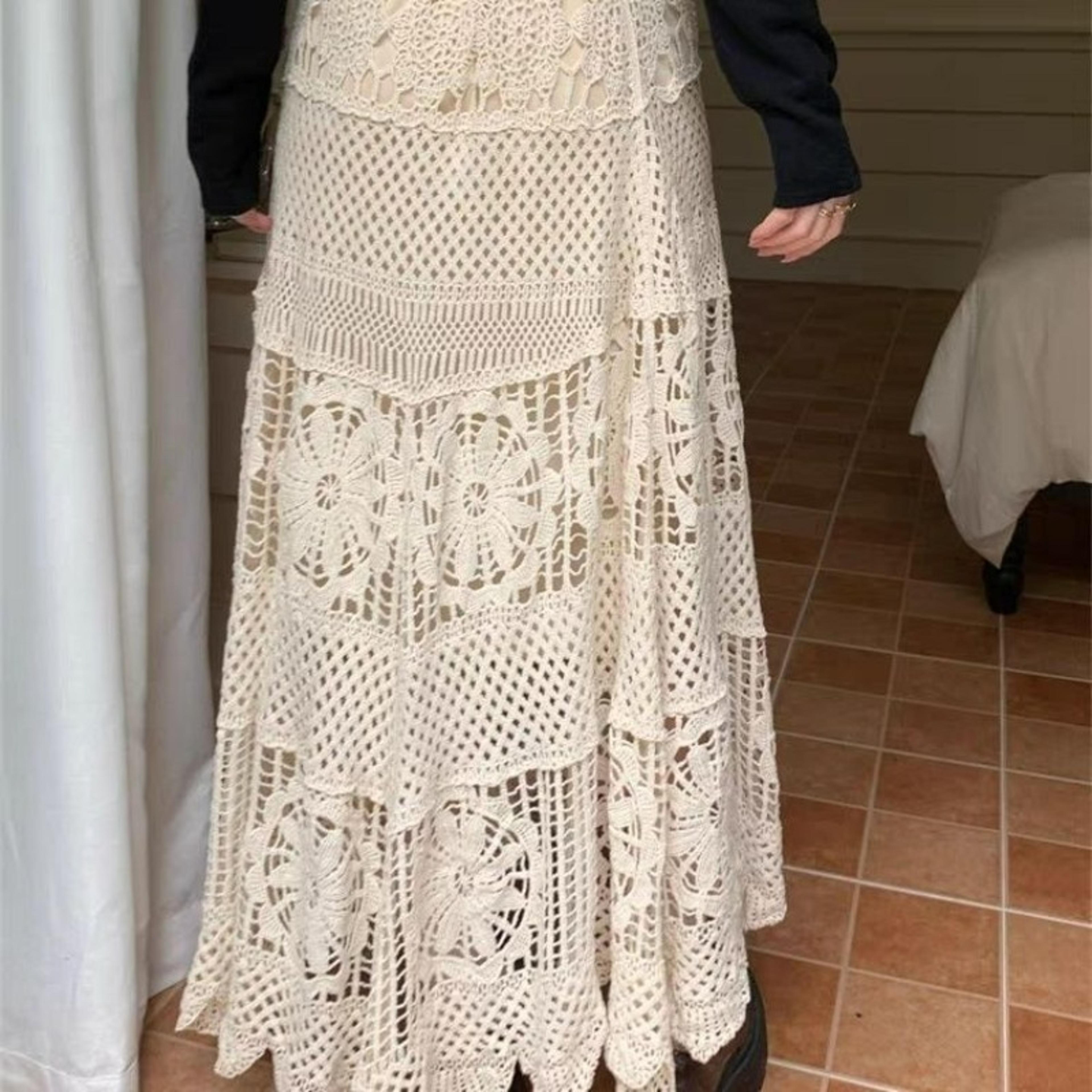 boho crochet lace maxi skirt - high waist elastic long a line skirt for women