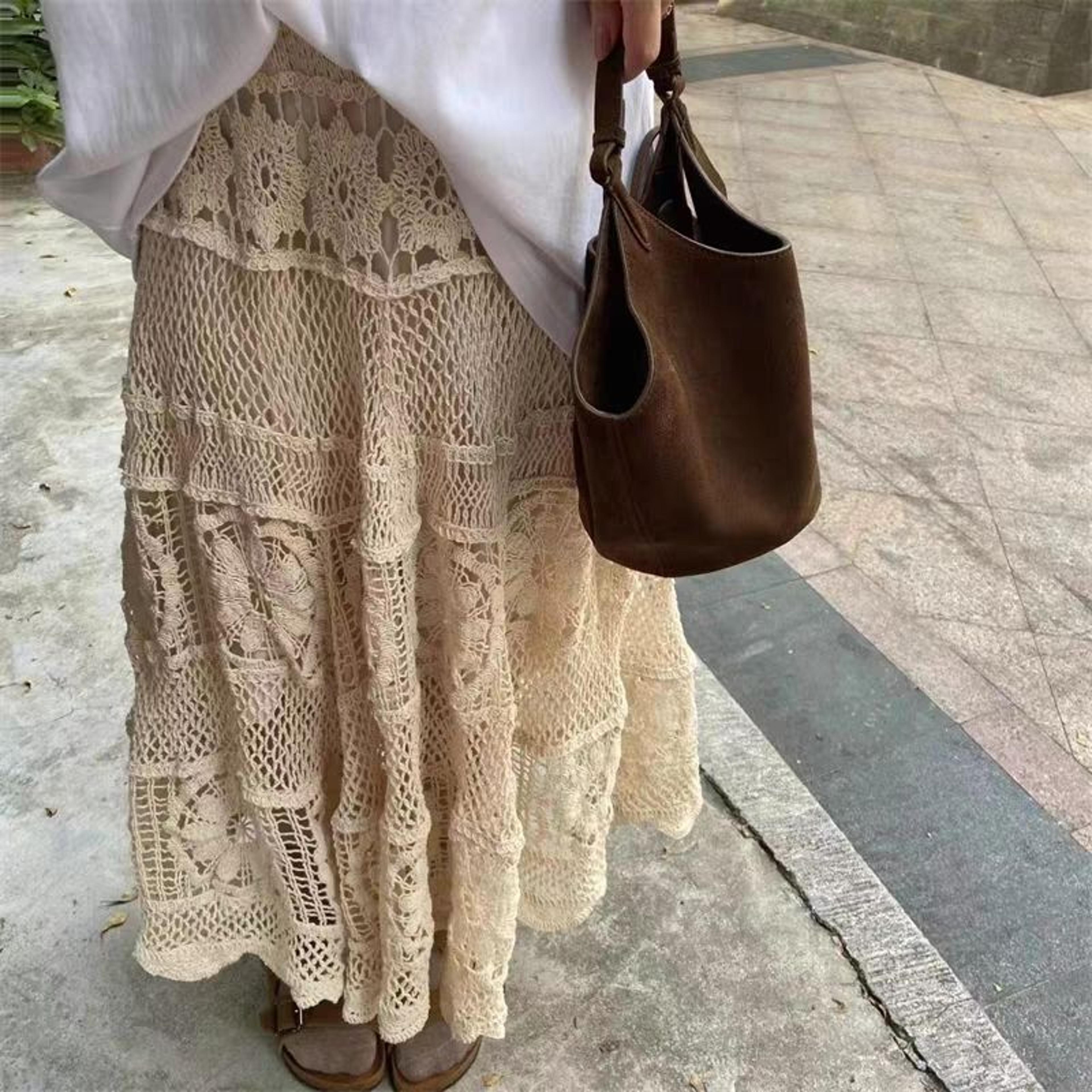 korean style retro crochet a-line knitted skirt - elegant hollow design elastic midi skirt