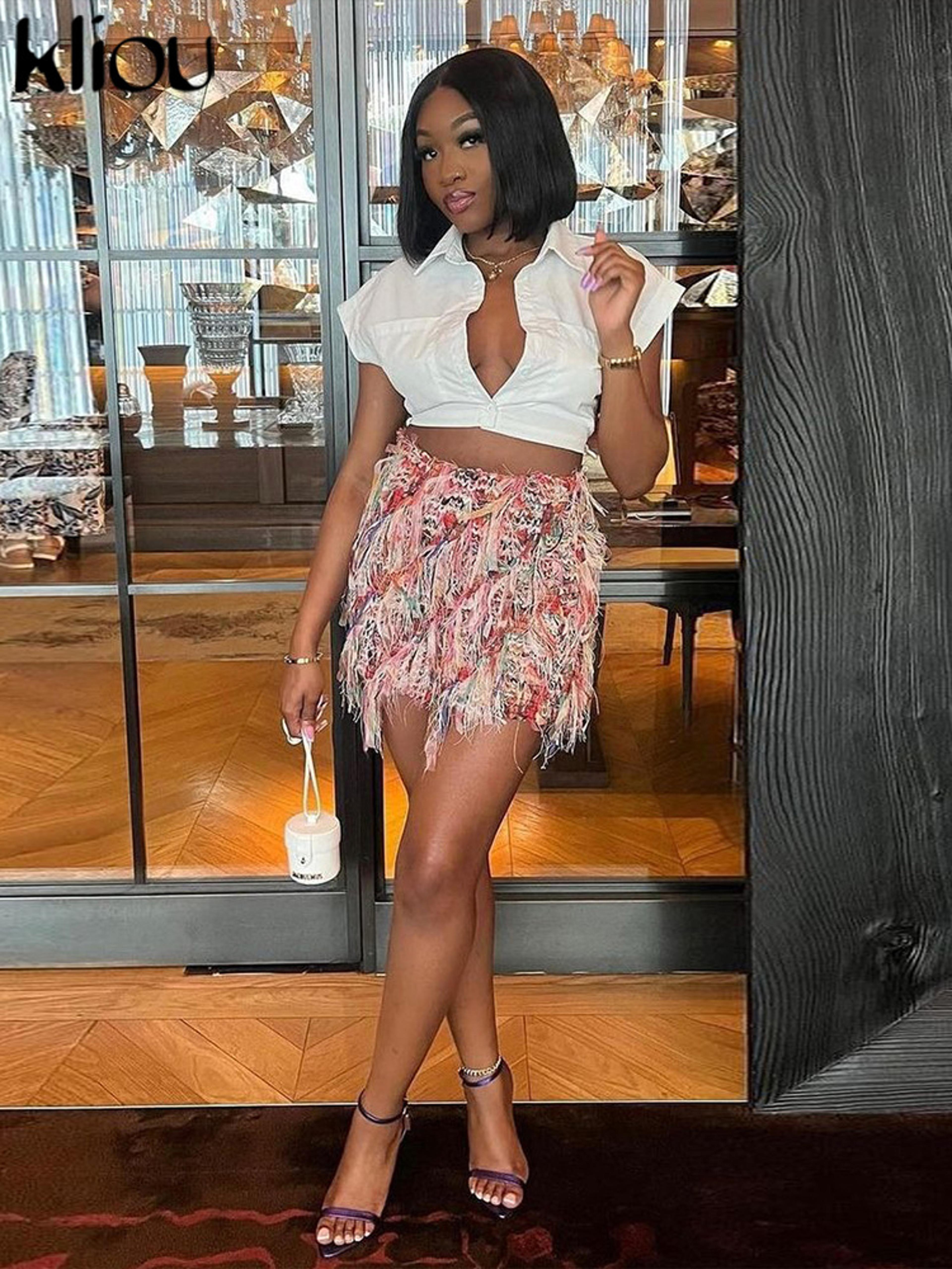 kliou high waisted street style crochet hip skirt with tassels