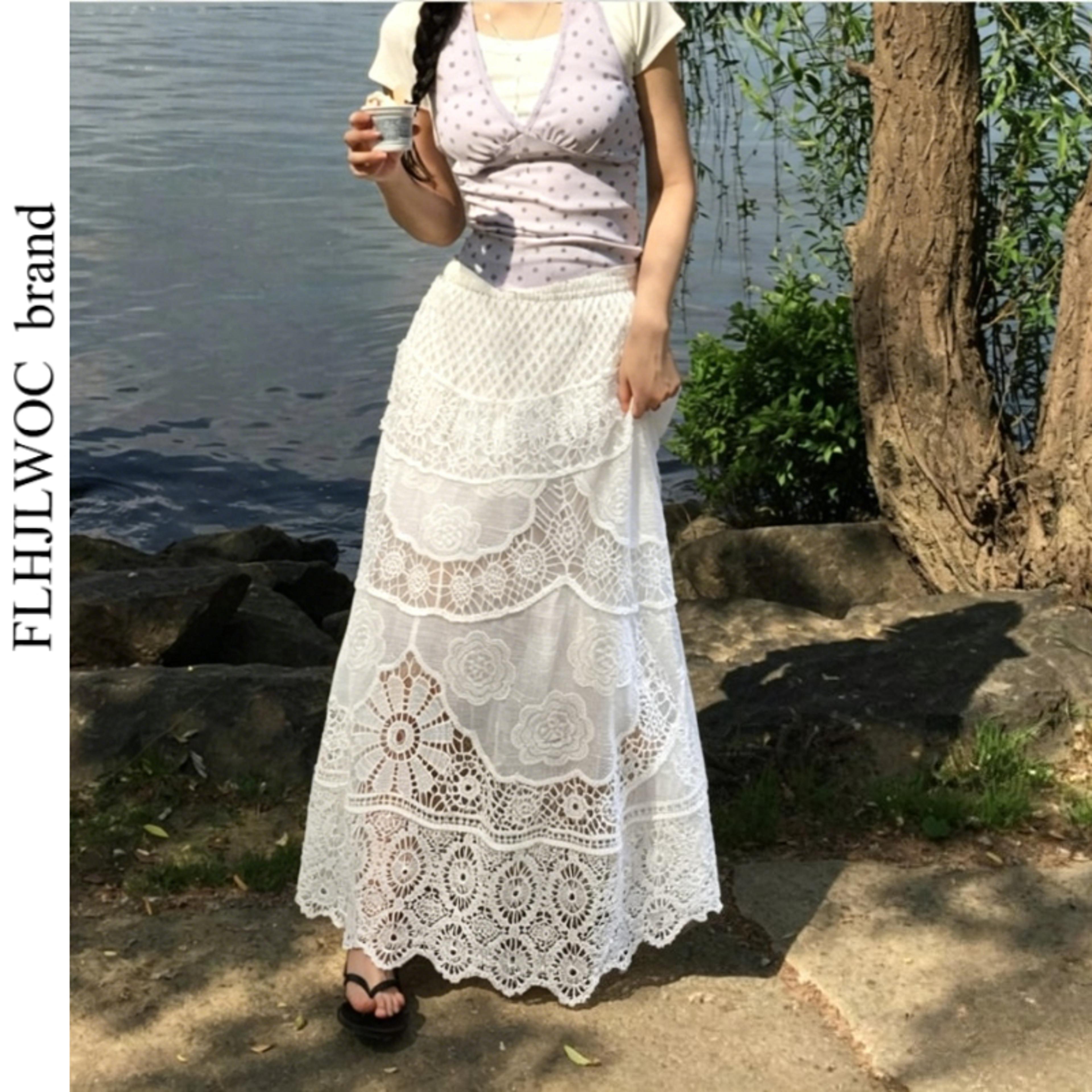 bohemian crochet flower maxi skirt – vintage hollow out mori girl holiday long skirt