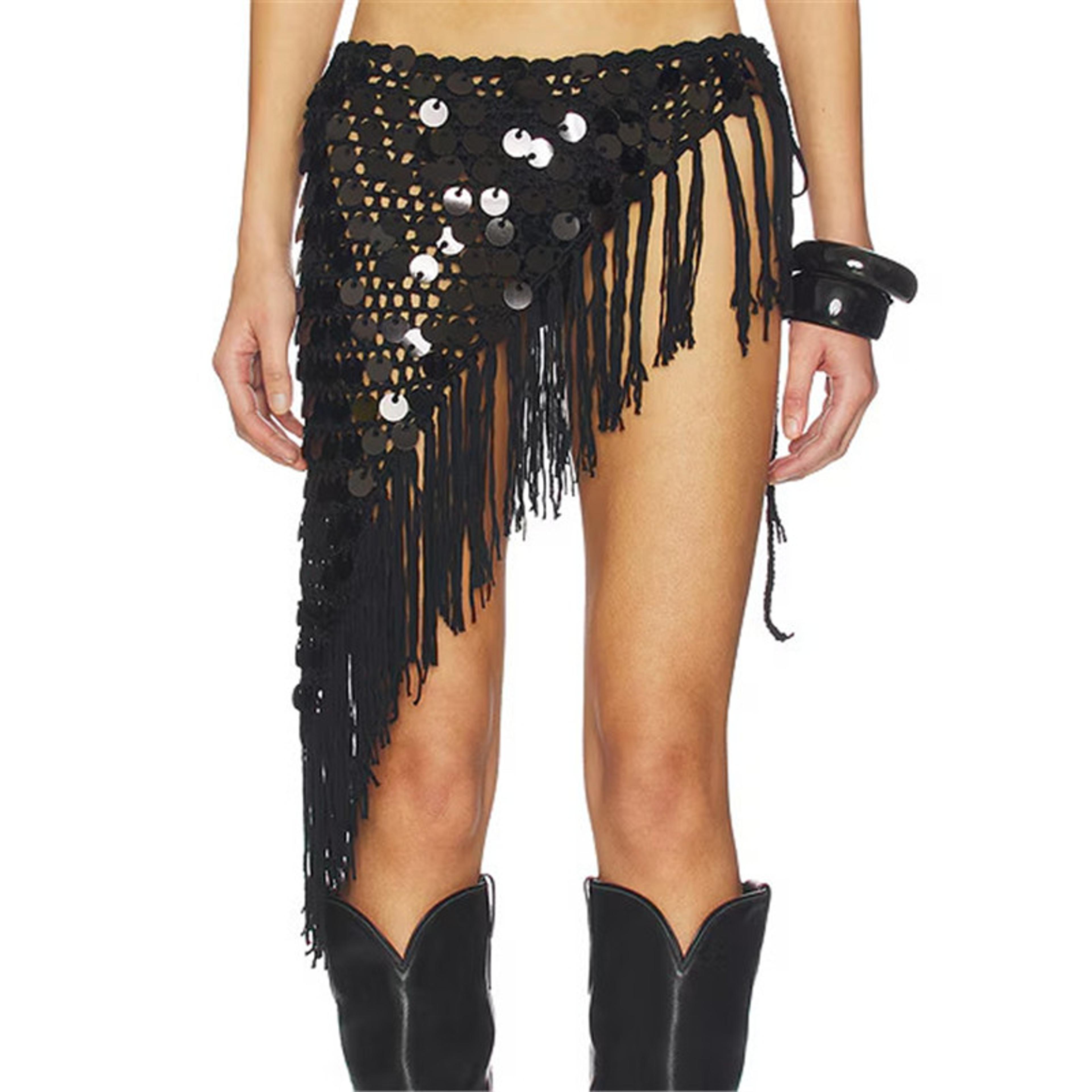 boho crochet festival skirt with sequin fringe and tassels