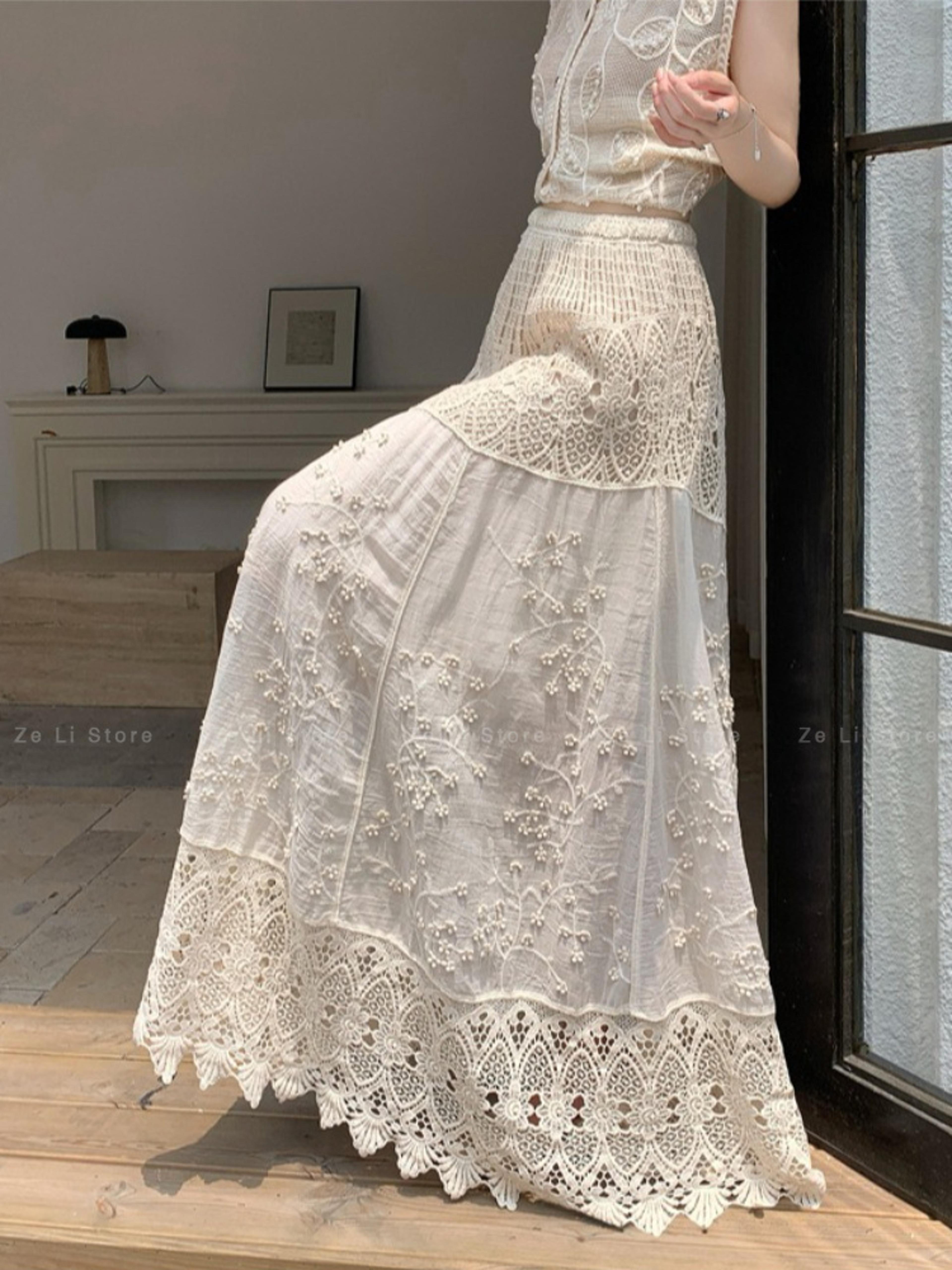 boho lace crochet a-line maxi skirt - high waisted summer skirt for women