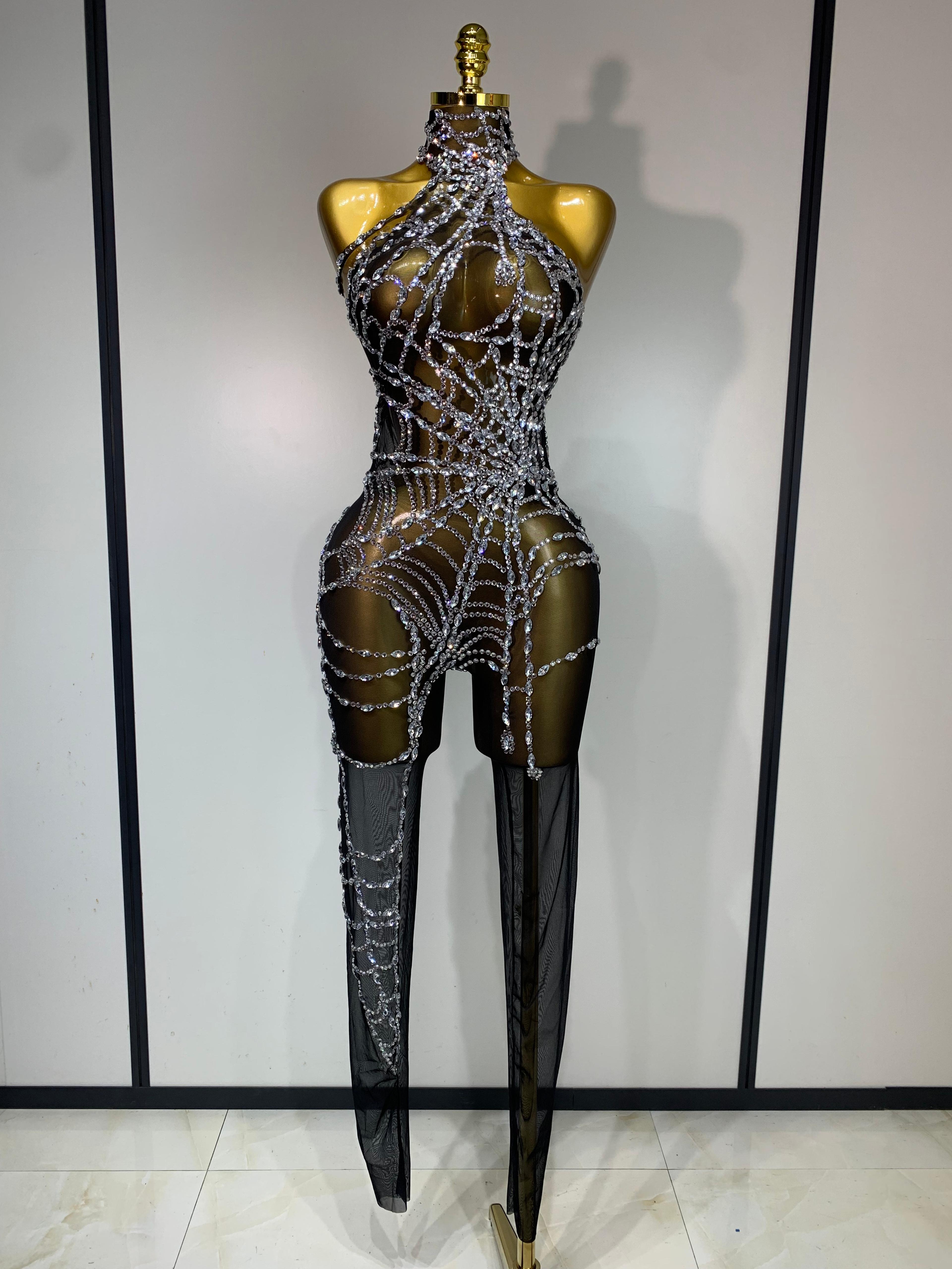 sparkly diamond jumpsuit sexy mesh stage performance costume