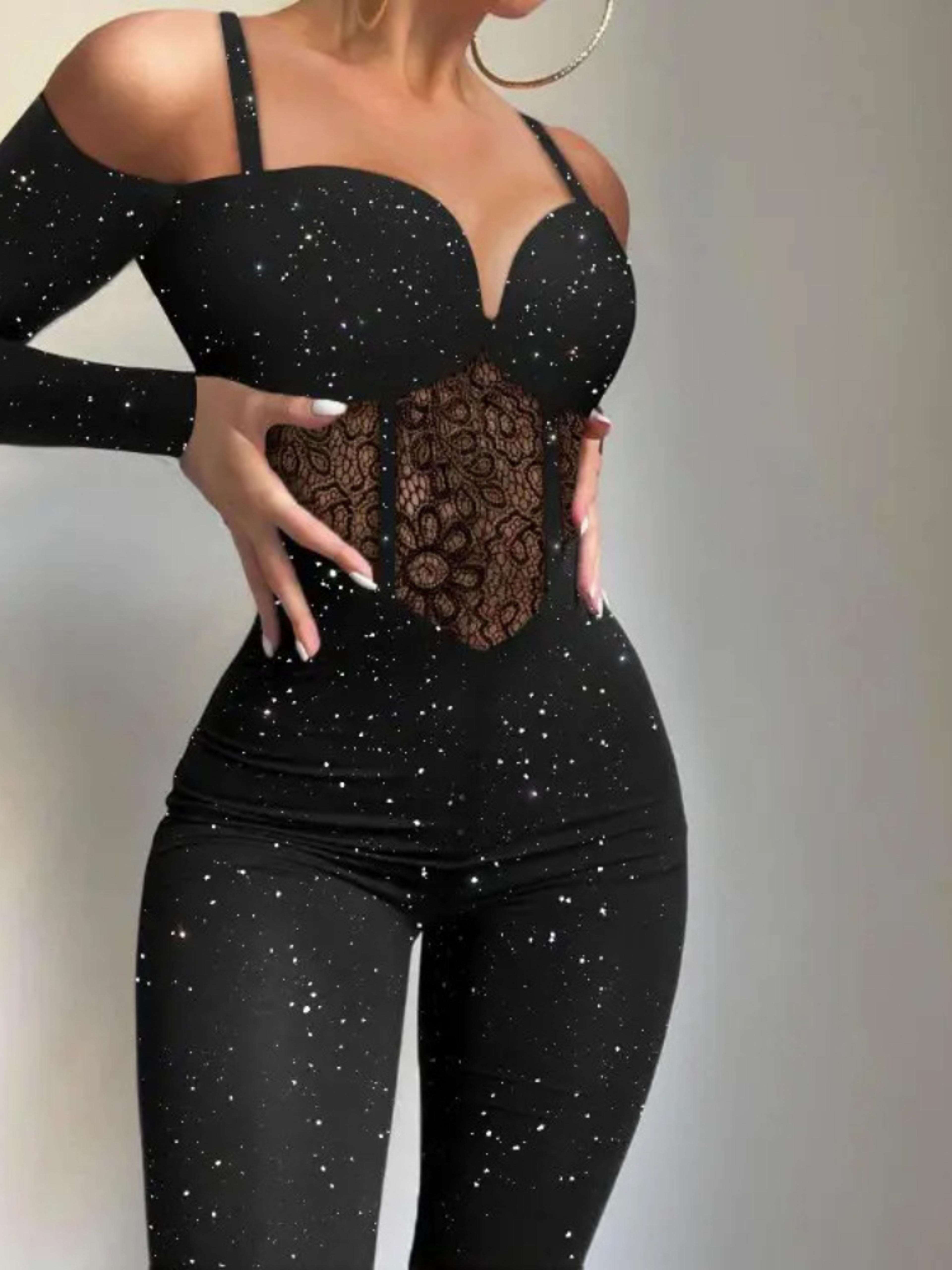 lace hollow out high waist bodycon jumpsuit