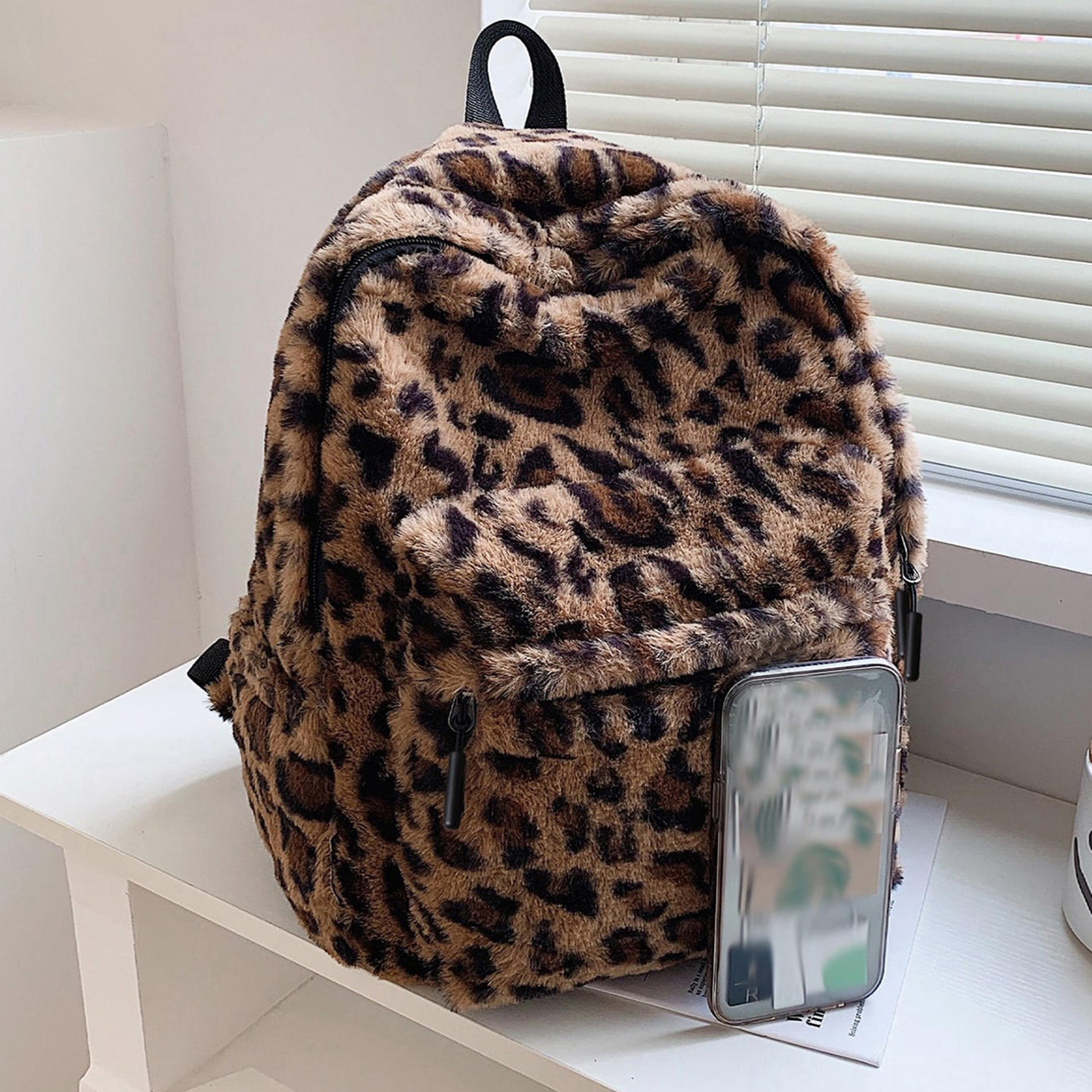 leopard print plush backpack purse with adjustable straps