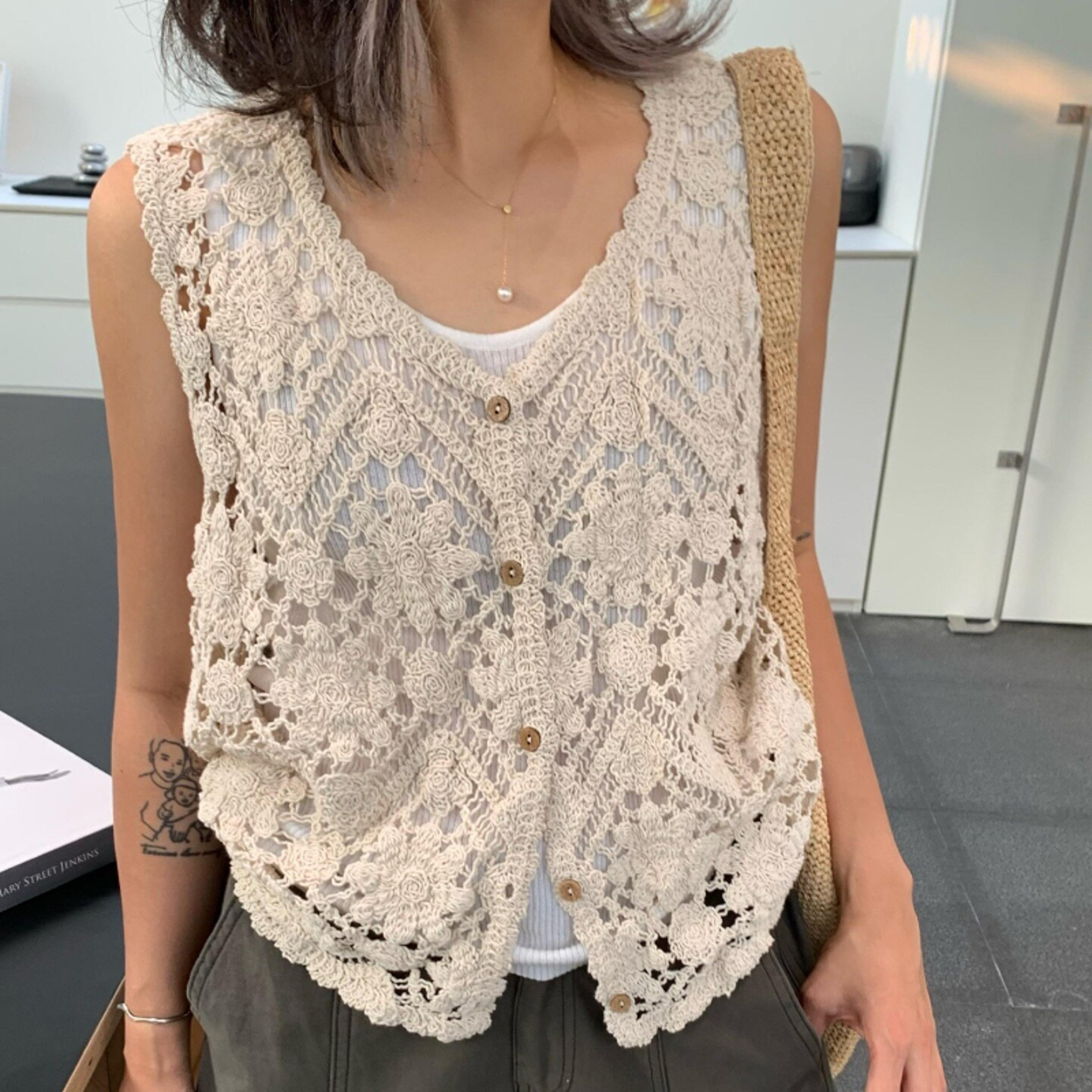 boho floral embroidered crochet vest hollow out knit festival cardigan