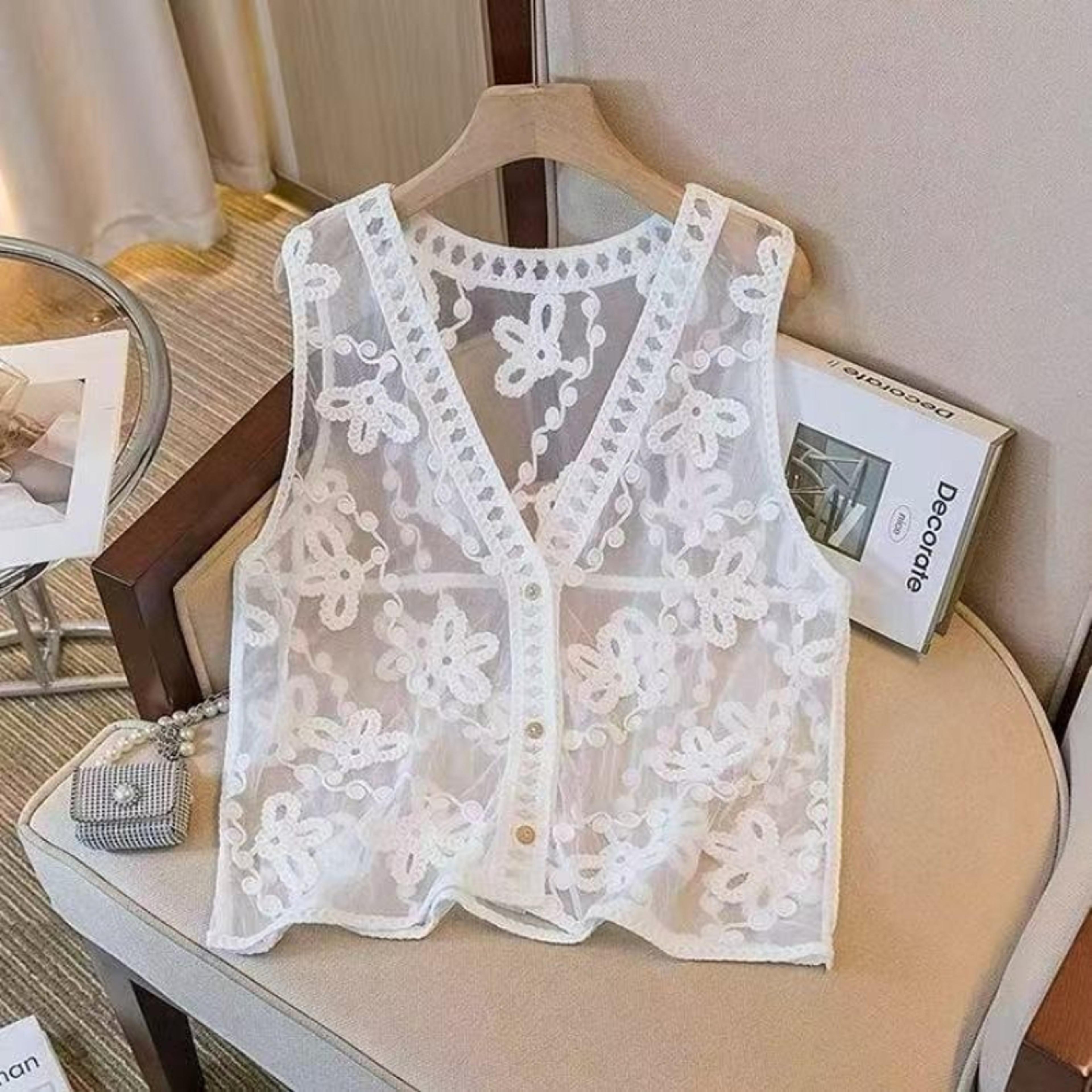 boho floral embroidered crochet vest – women's v-neck knitted waistcoat summer cover up