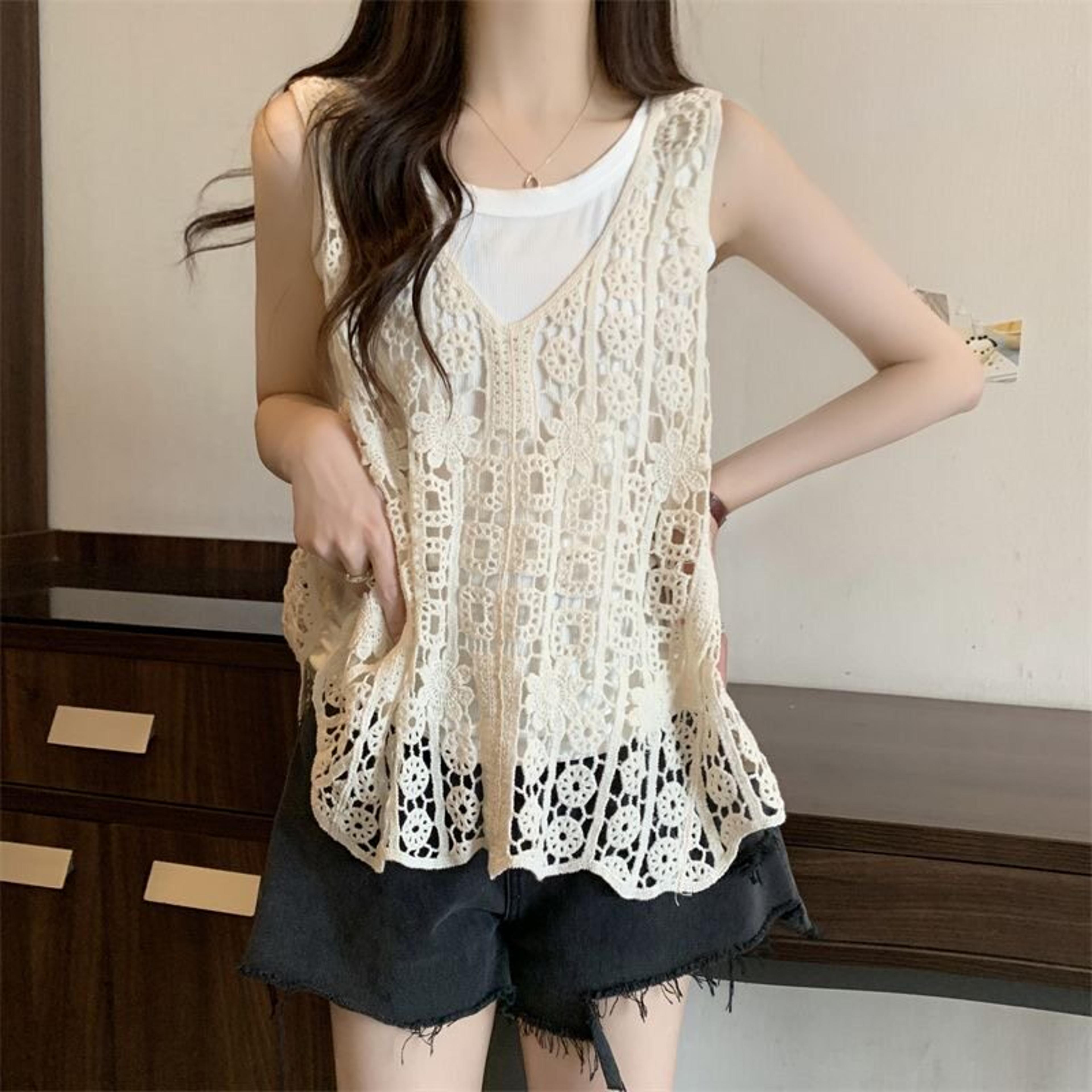 boho crochet sweater vest hollow out knit tank top for women summer beach cover up