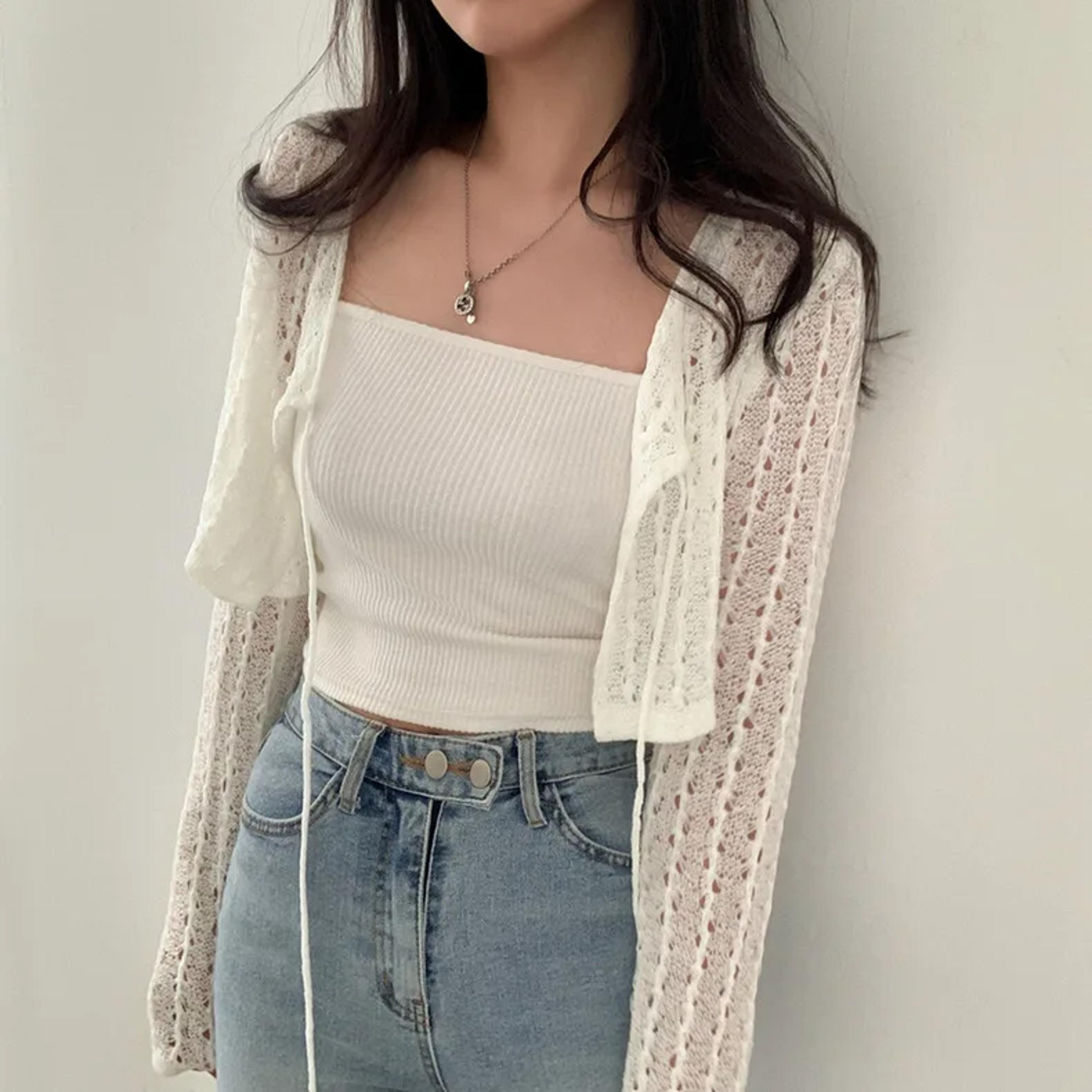 women tie front crop cardigan sheer crochet knit top lightweight fairycore boho chic summer bolero sweater