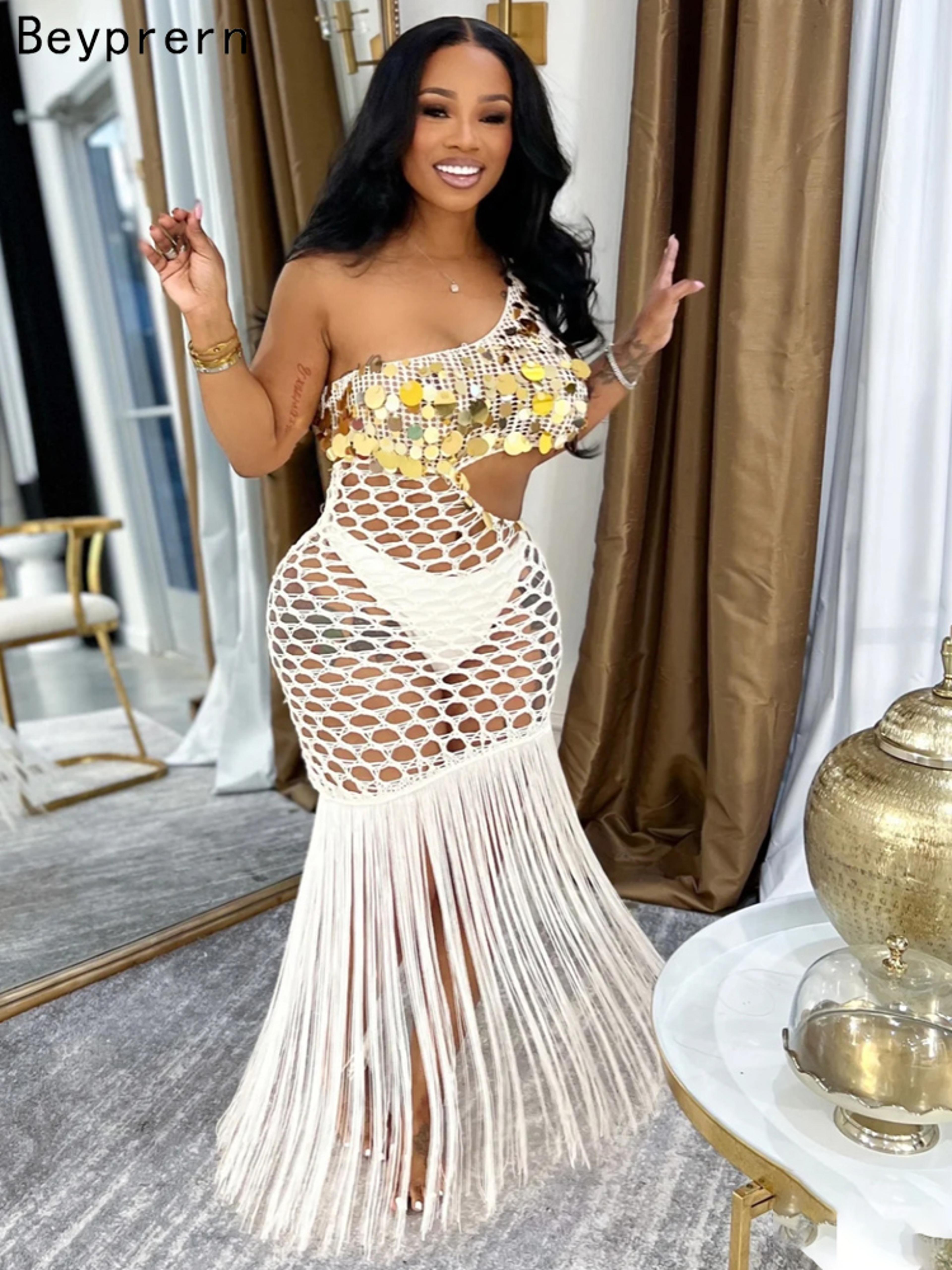 sequin tassel crochet fishnet beach dress – halter backless bikini cover up maxi