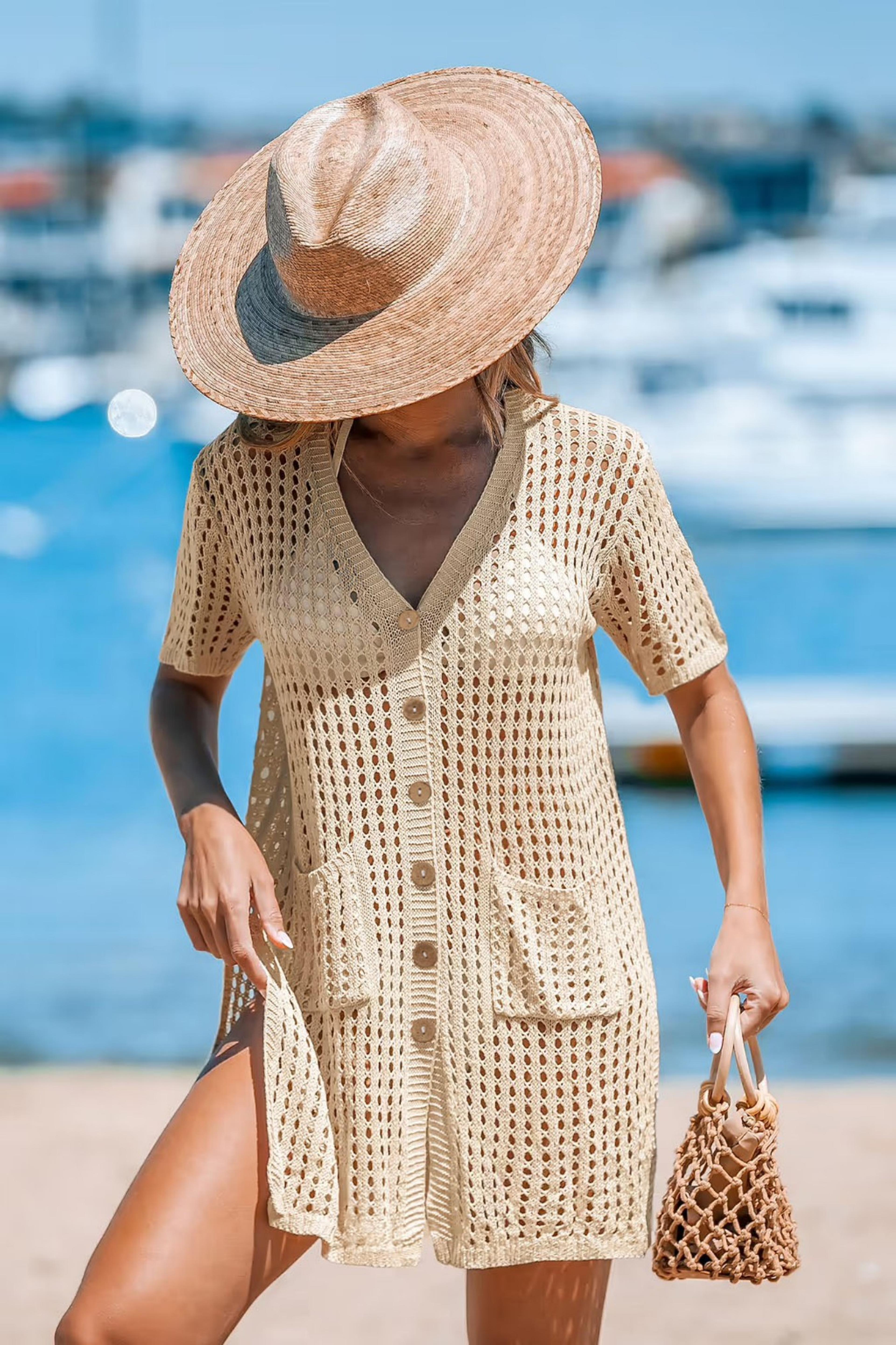 v neck crochet beach cover up dress button up knit swimwear
