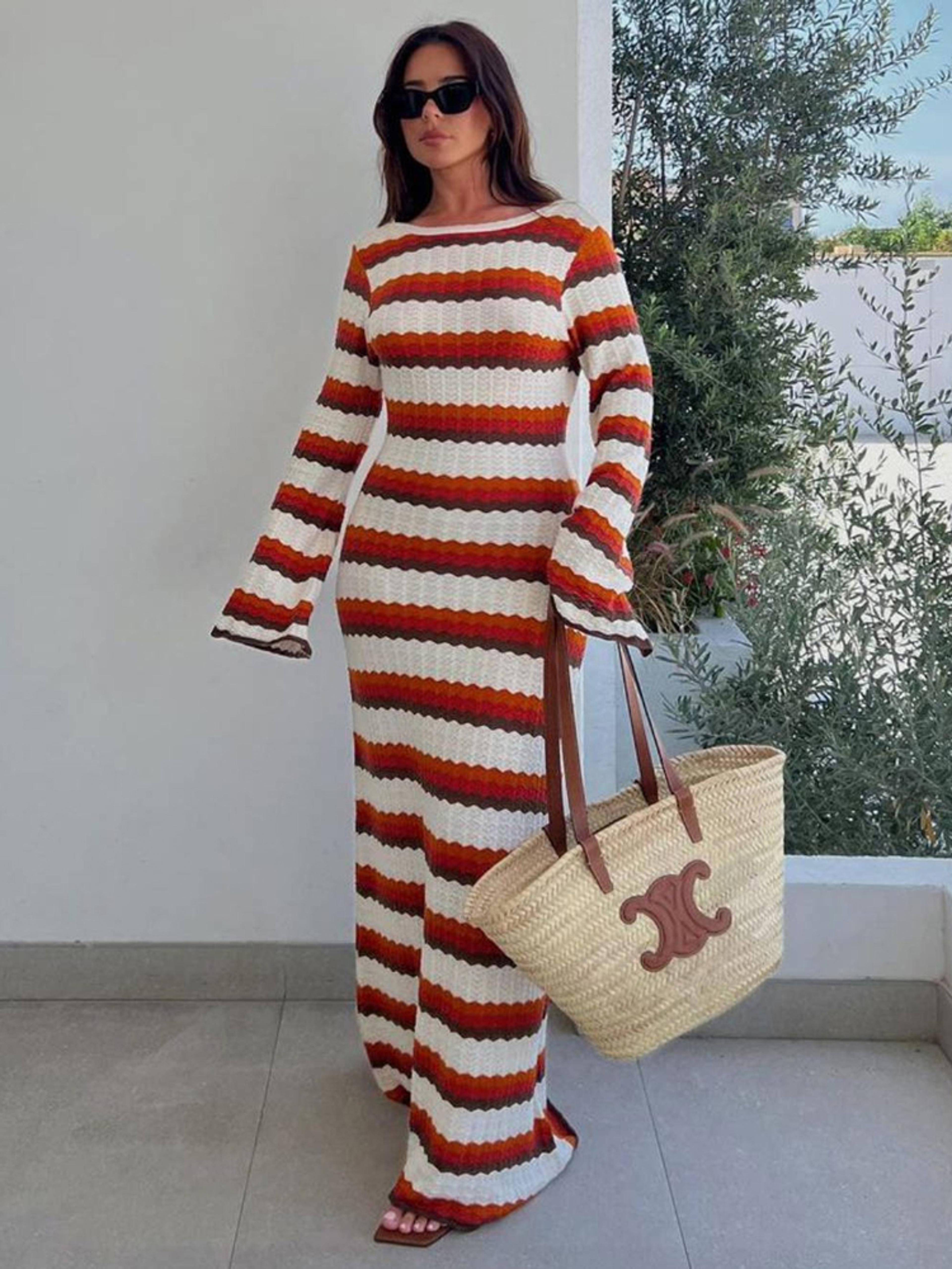 effortless striped knit maxi dress hollow out summer beach cover up