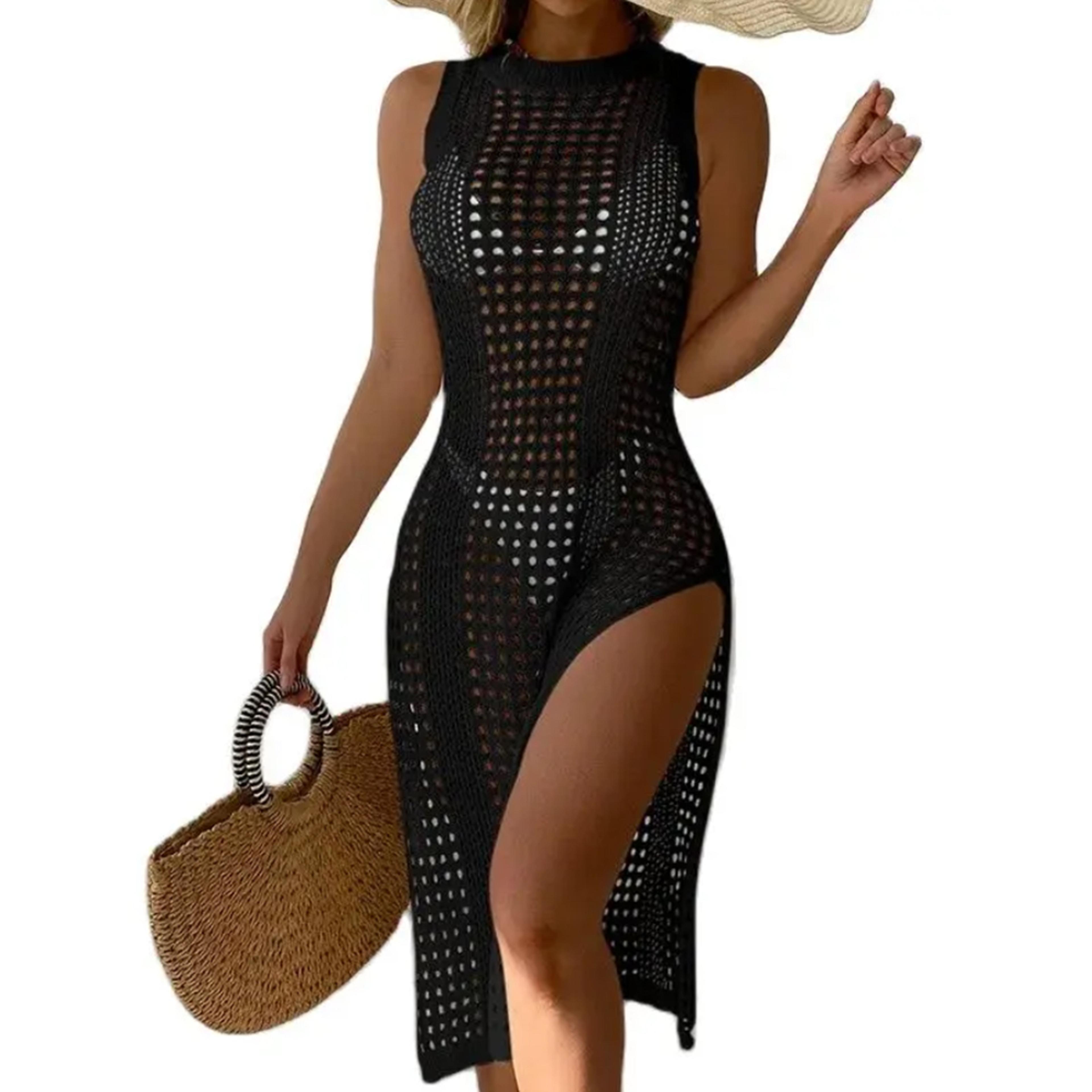 sleeveless knit cover up - side split crochet beach dress