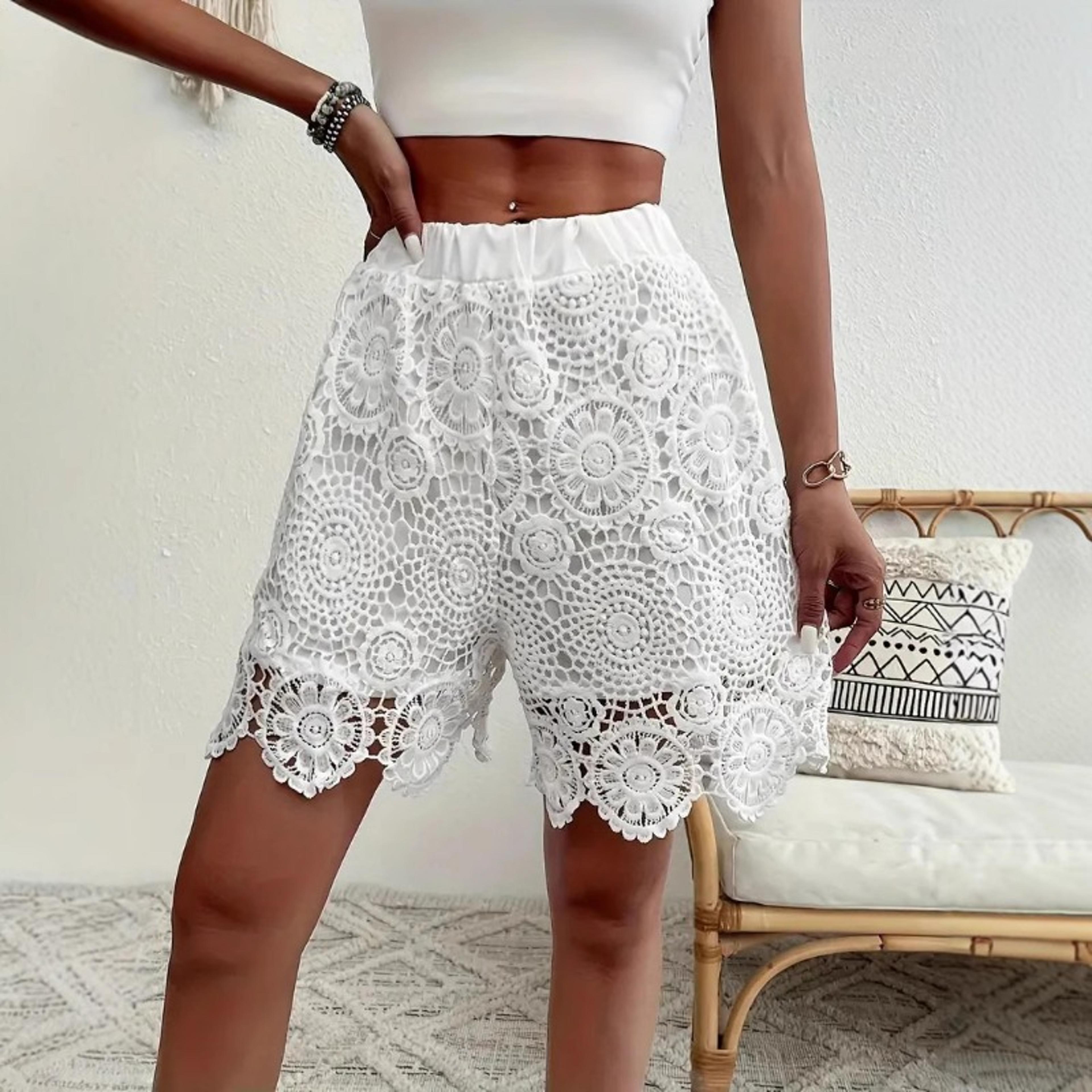 boho crochet lace shorts - summer casual elastic waist beach shorts