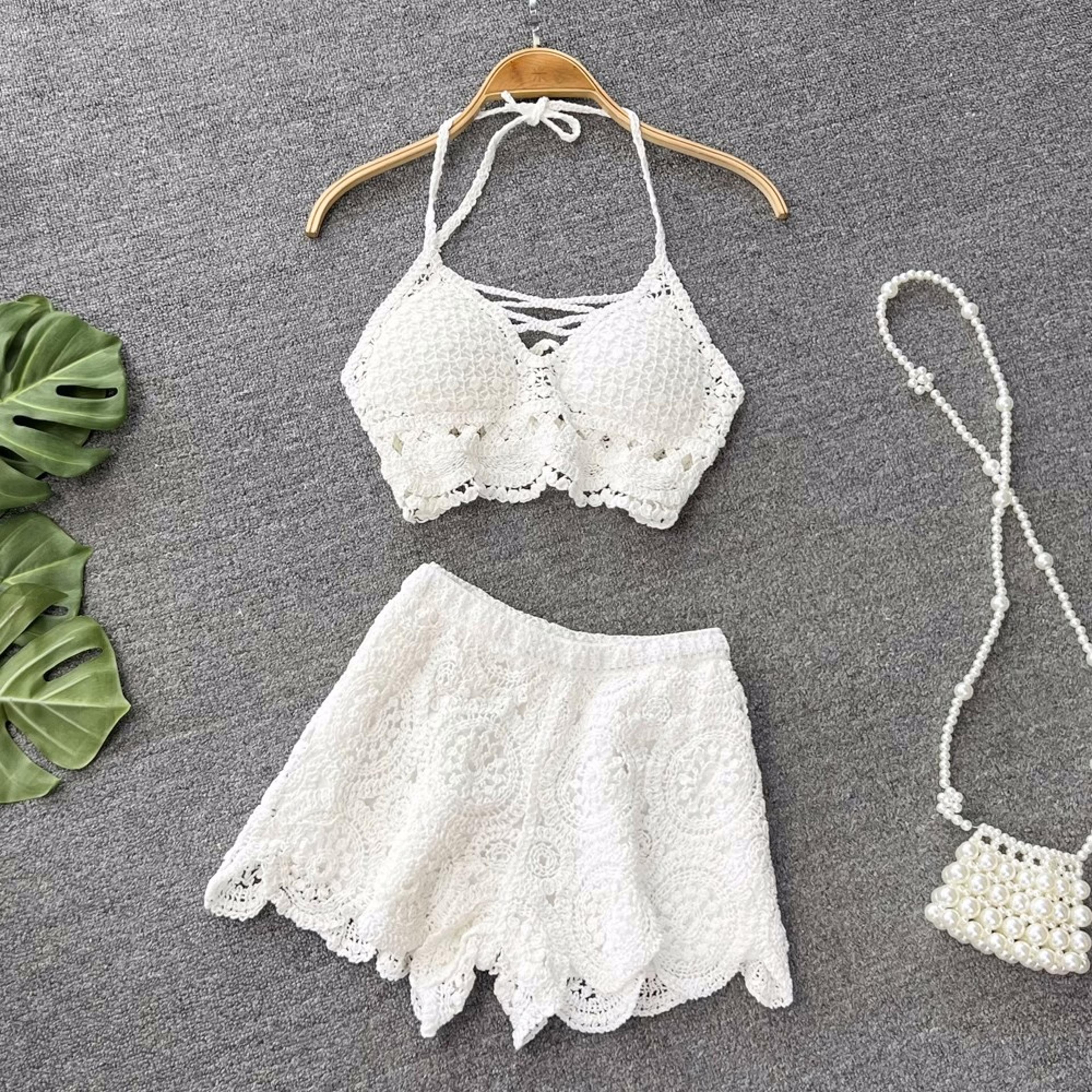 knit two piece shorts set backless beach camisole & elastic shorts