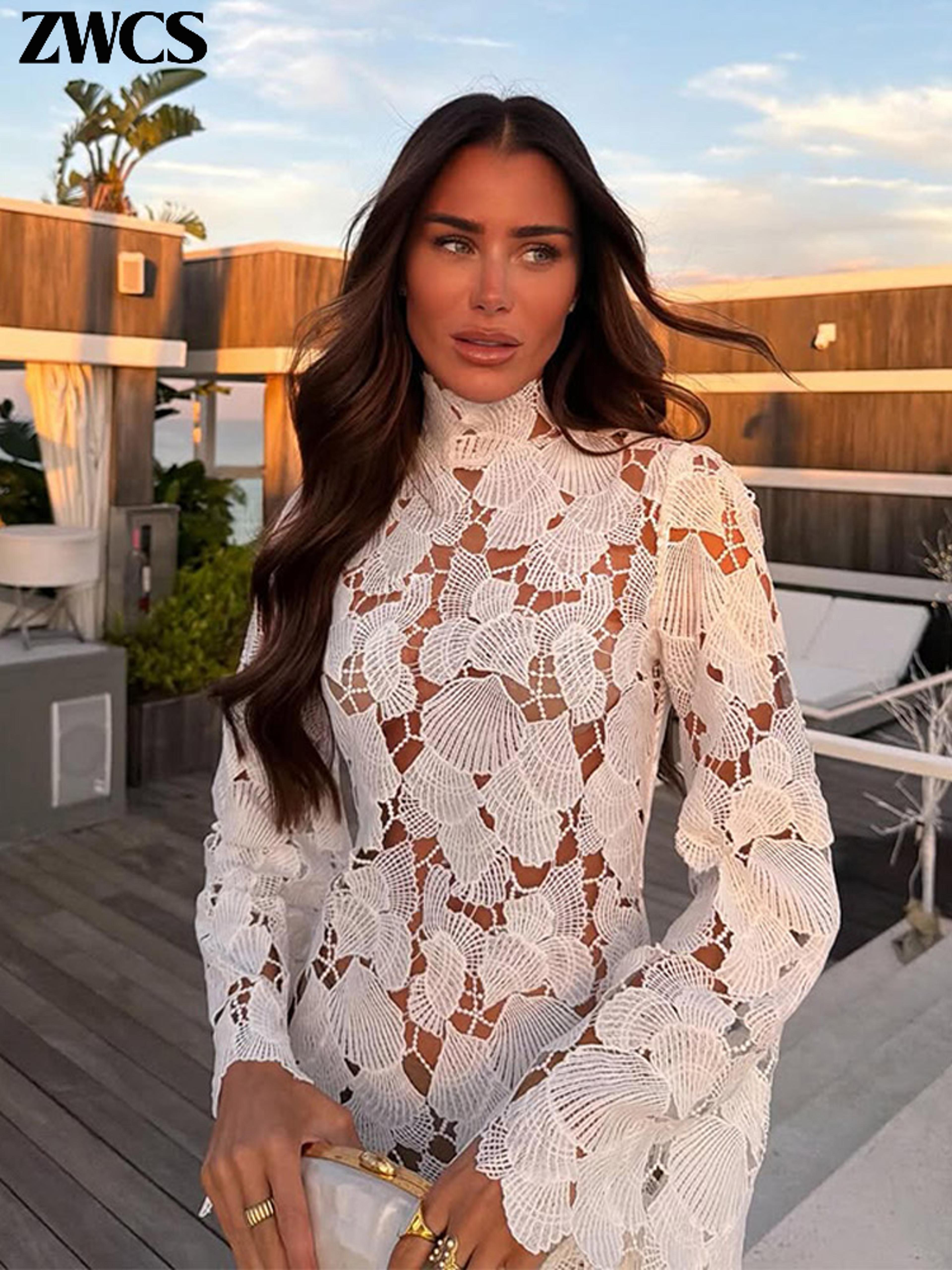 ethereal muse white crochet irregular hem mini dress
