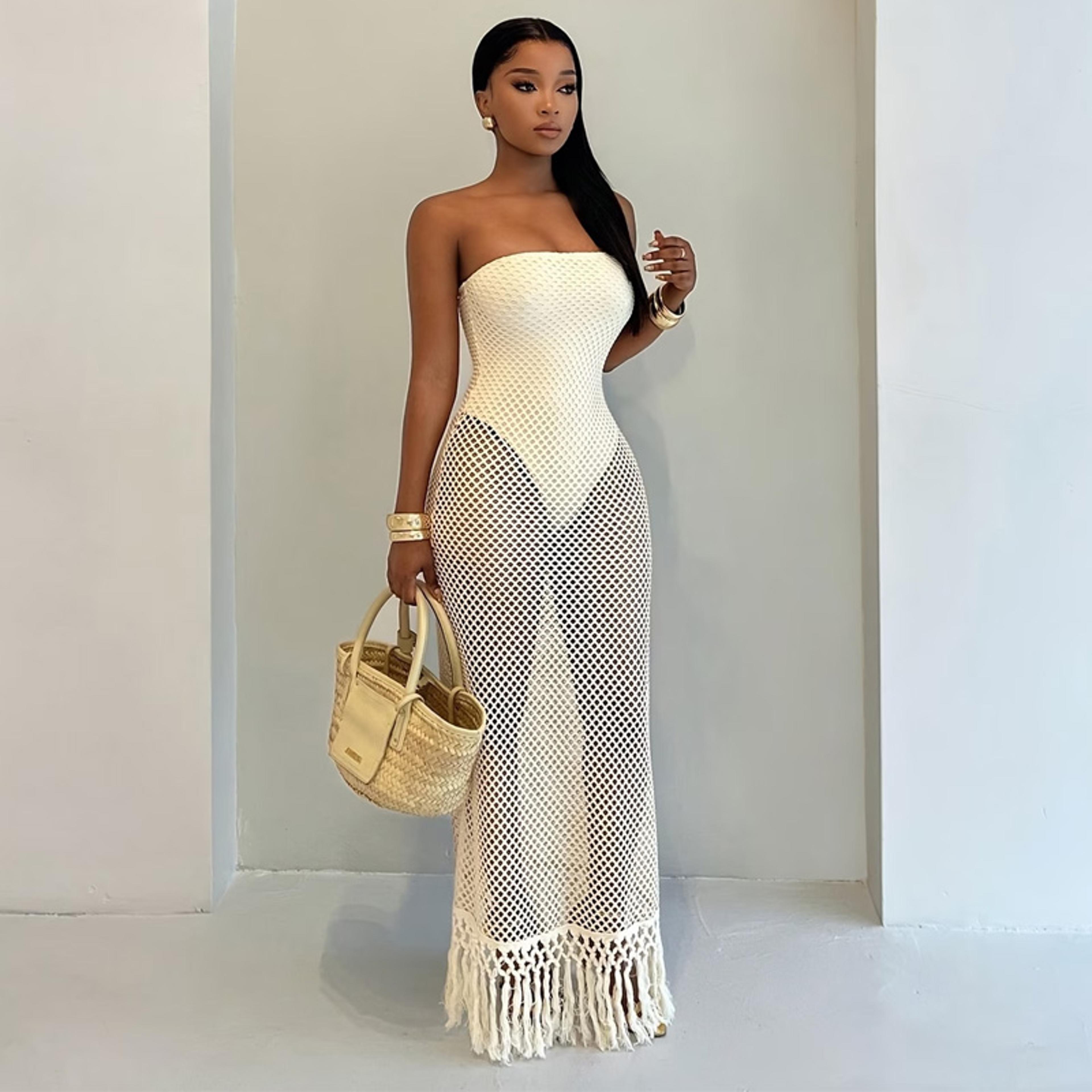 sirens call crochet knit backless maxi dress