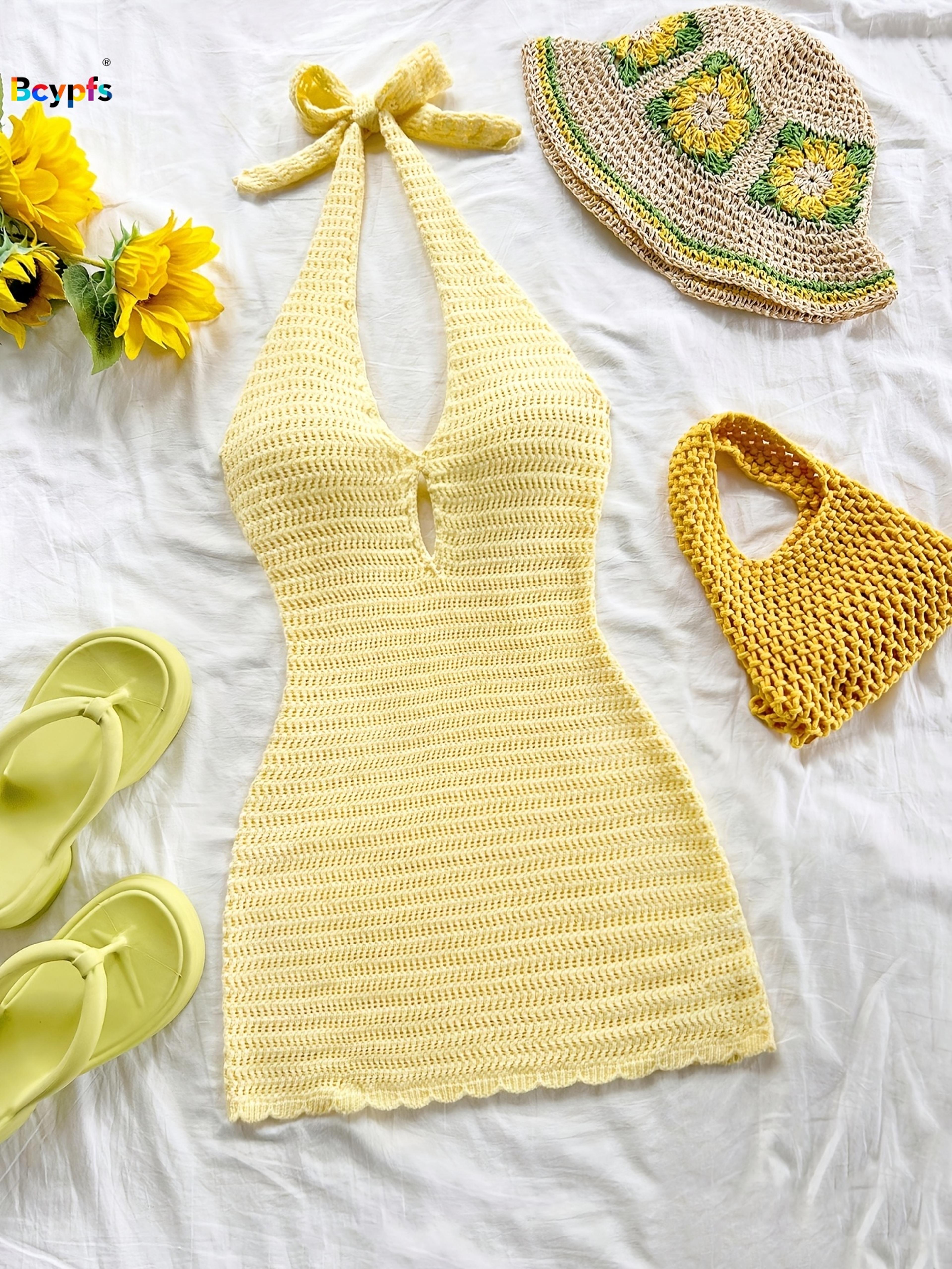 sunkissed yellow crochet halter knit bodycon mini dress