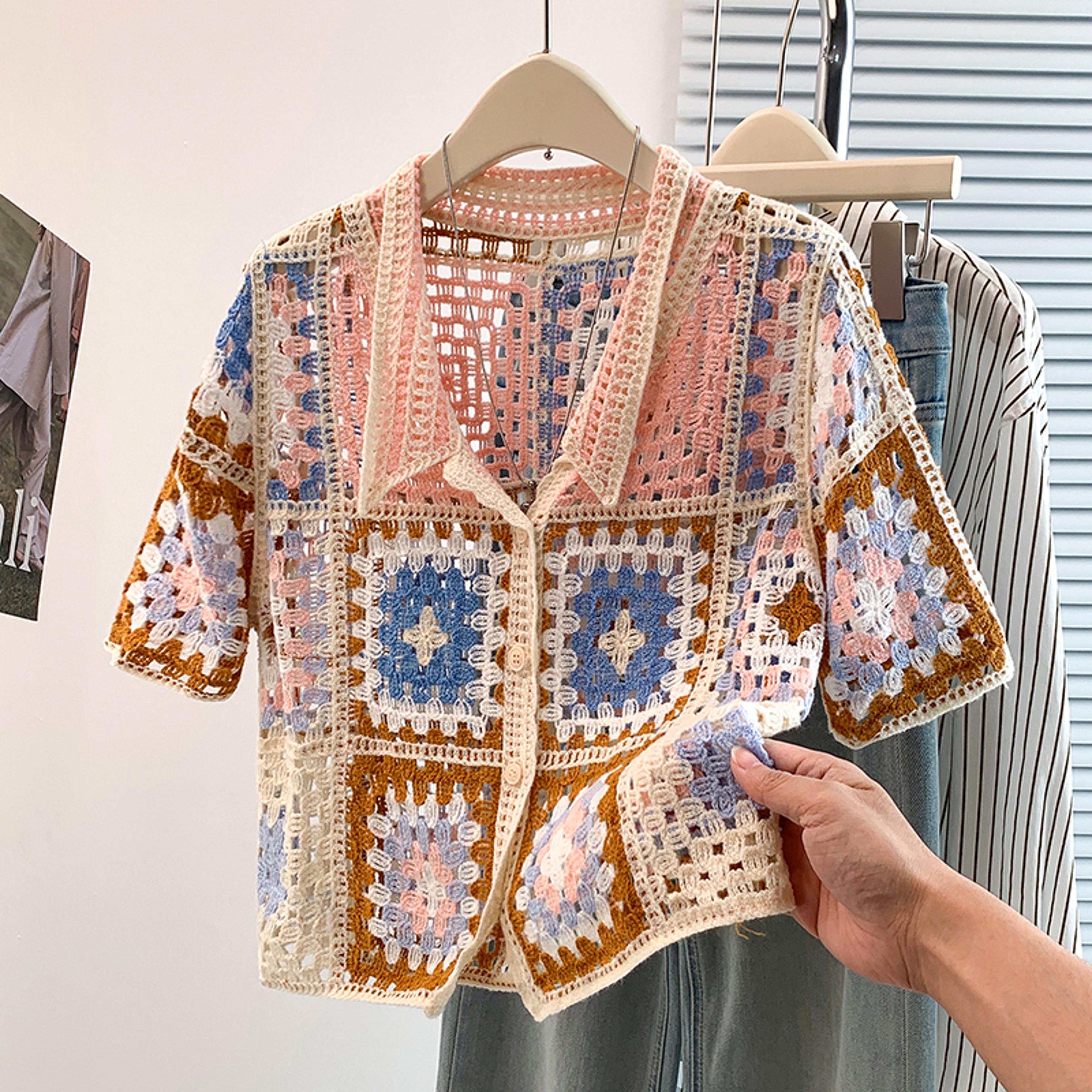 boho crochet crop cardigan short sleeve summer open knit top