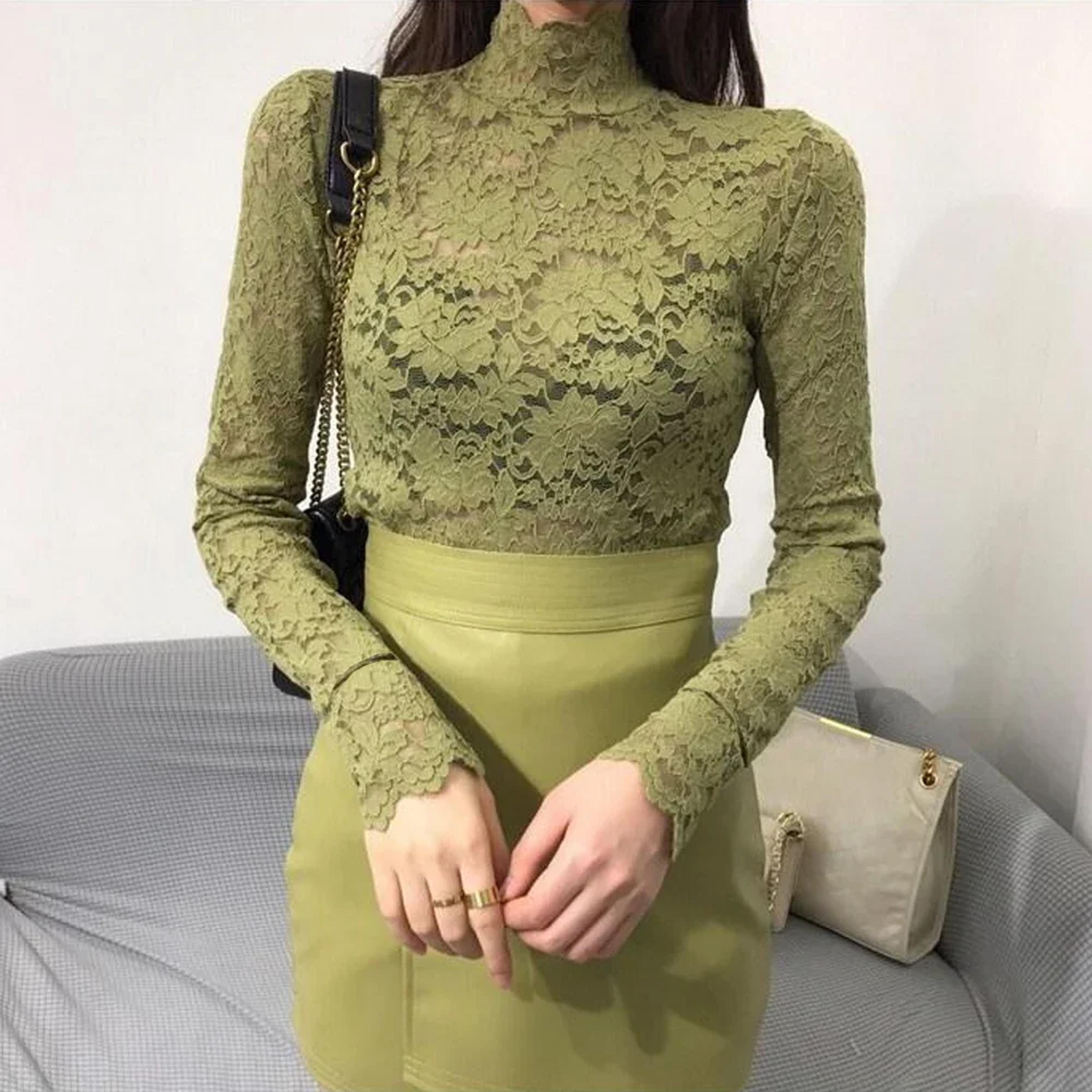 elegant high neck sheer lace blouse - vintage long sleeve crochet top for women
