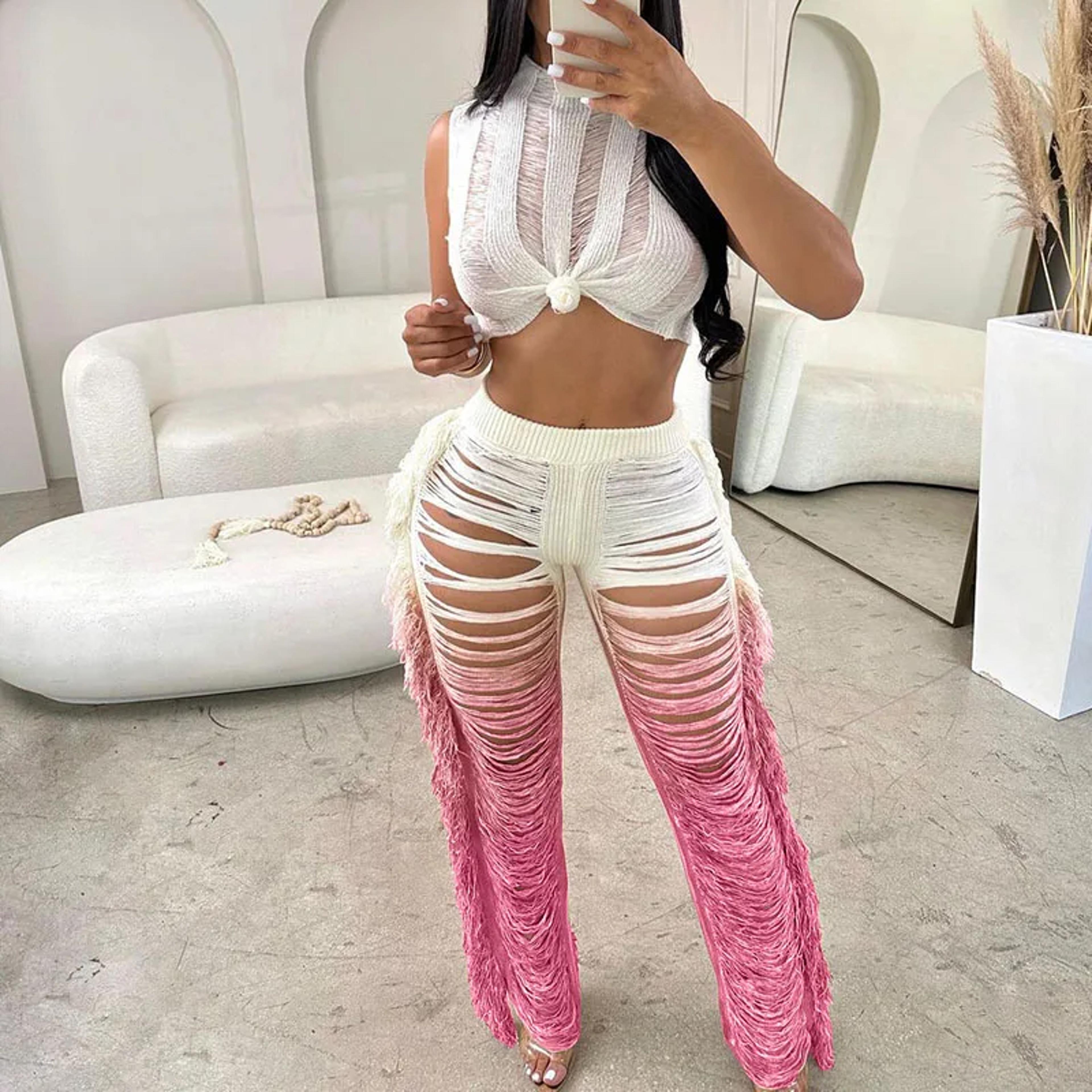 sunset gradient crochet beach two piece set with knit crop top and wide leg pants