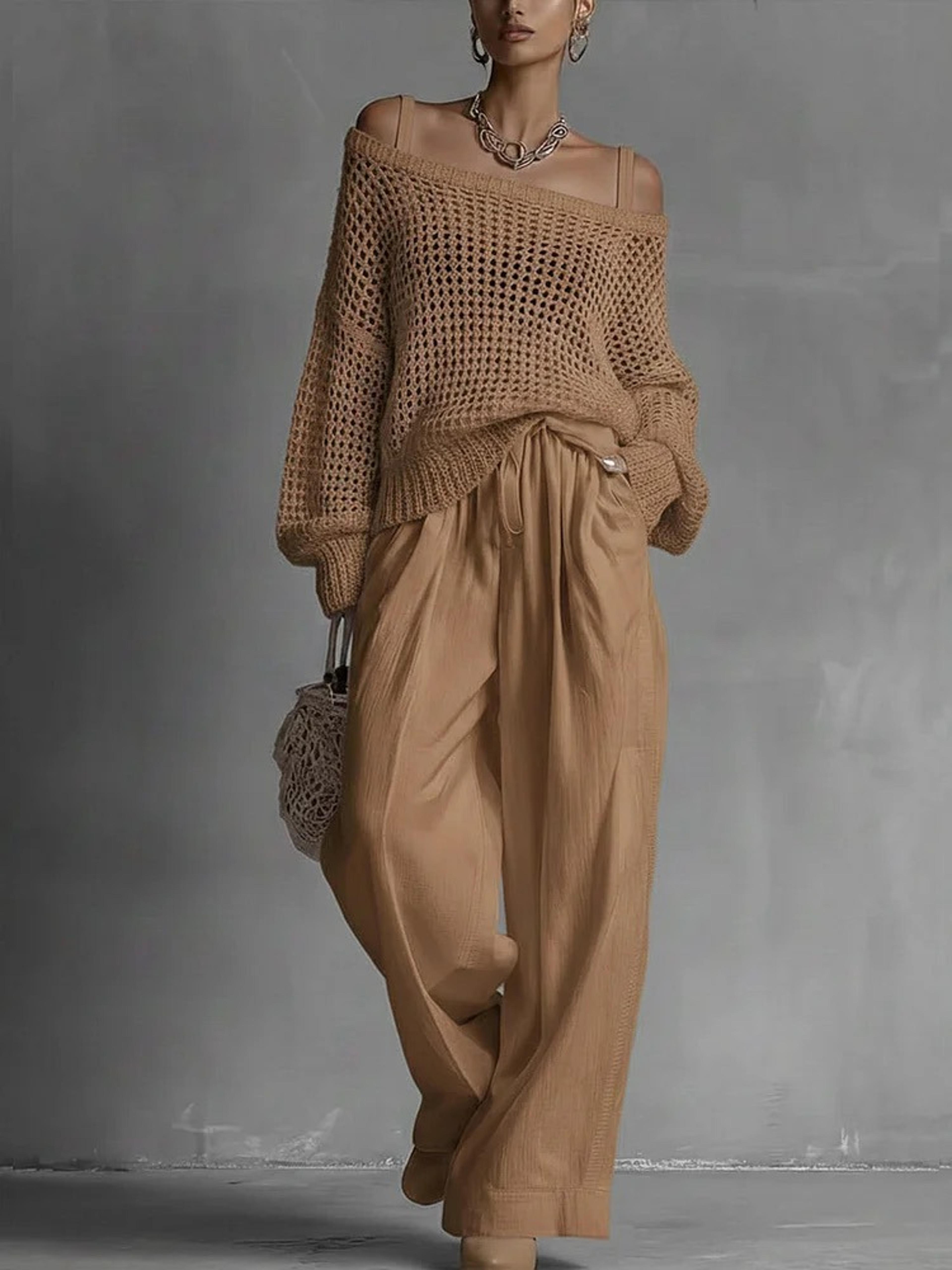 aura knit summer set womens mesh crochet knit top and wide leg pants