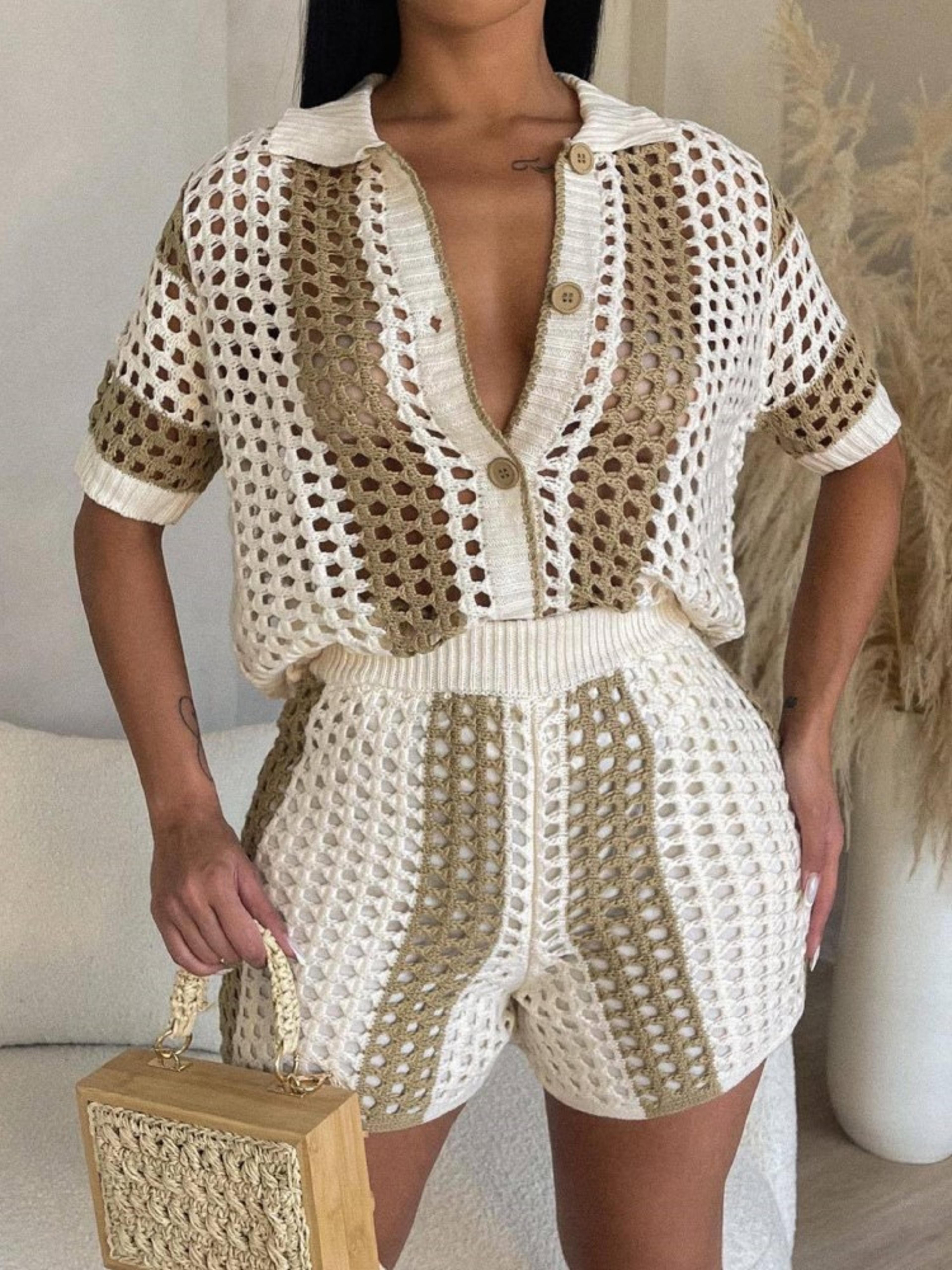 chic knit two piece short set ribbed crochet patchwork sweater suit
