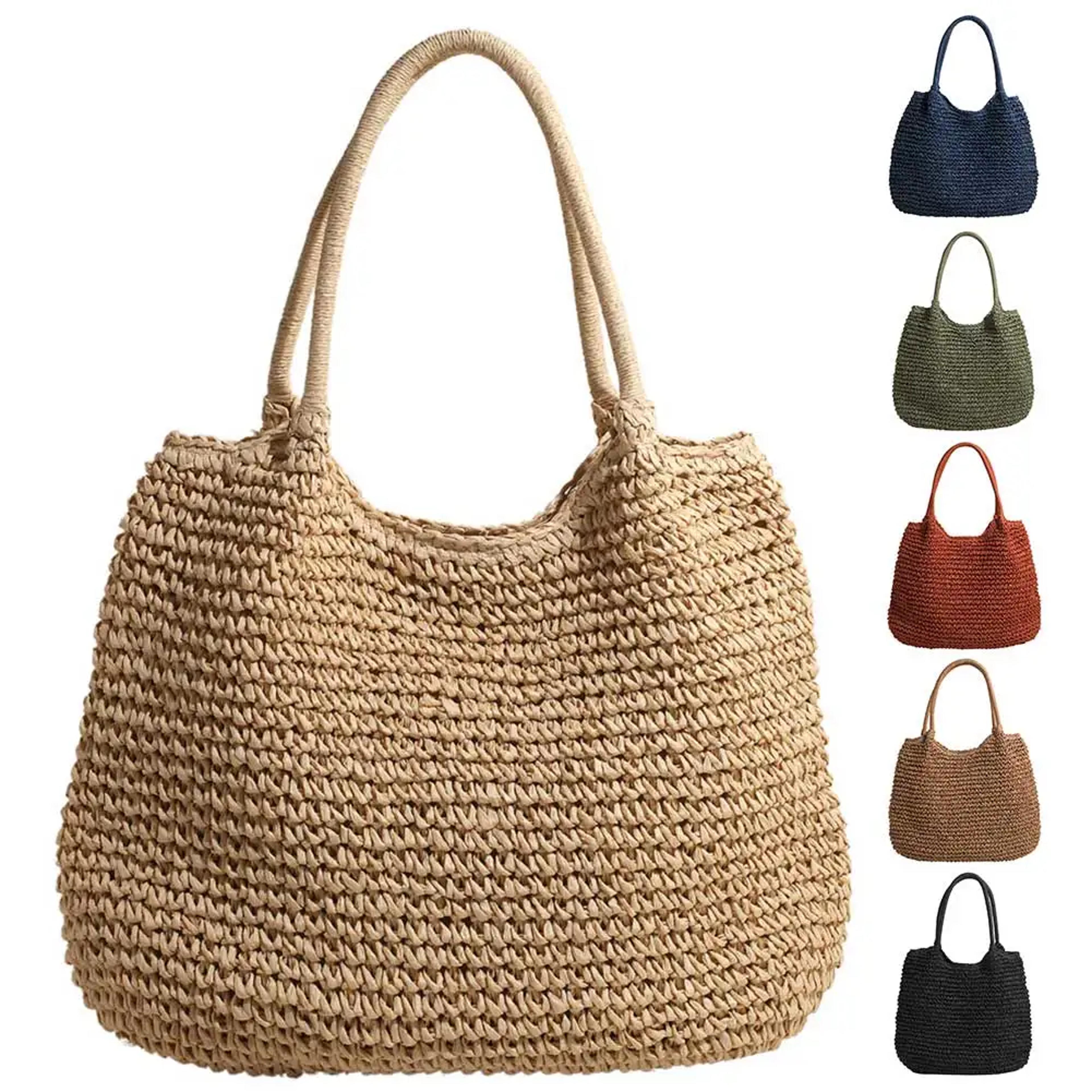 vintage crochet straw tote bag - large capacity summer shoulder handbag for beach and daily use