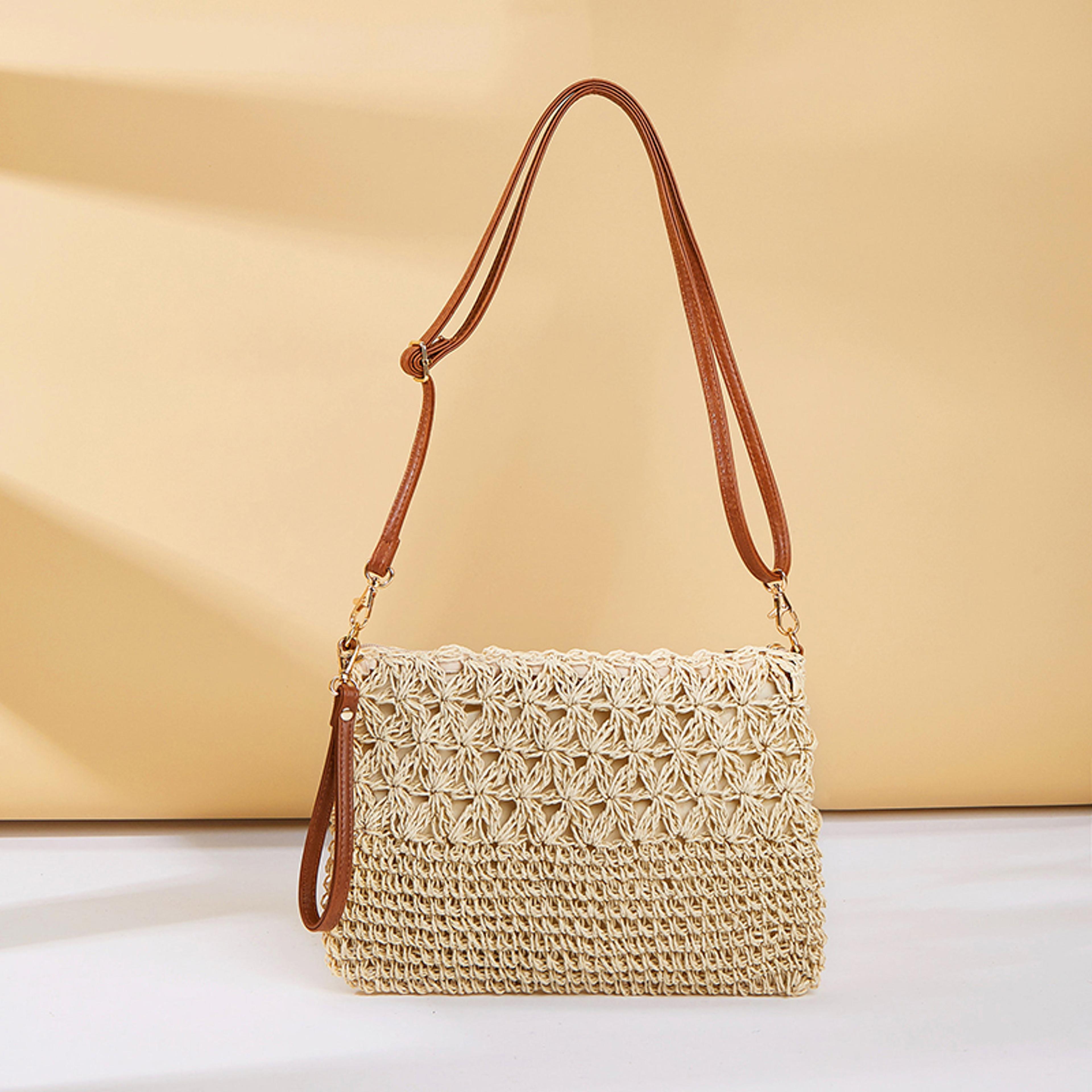 hand-woven summer straw crossbody bag and raffia wristlet clutch