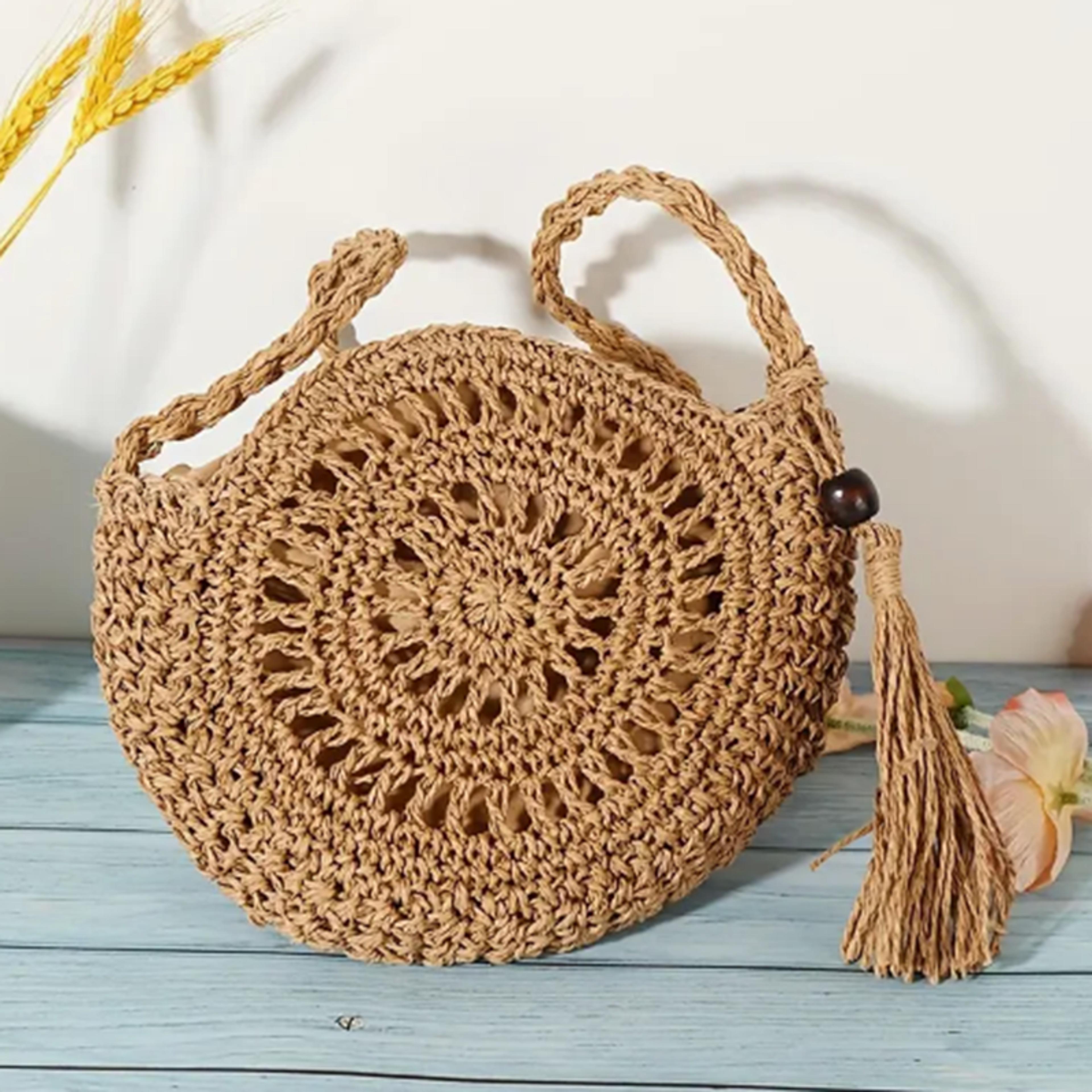 boho straw crossbody bag woven summer beach bag with tassel