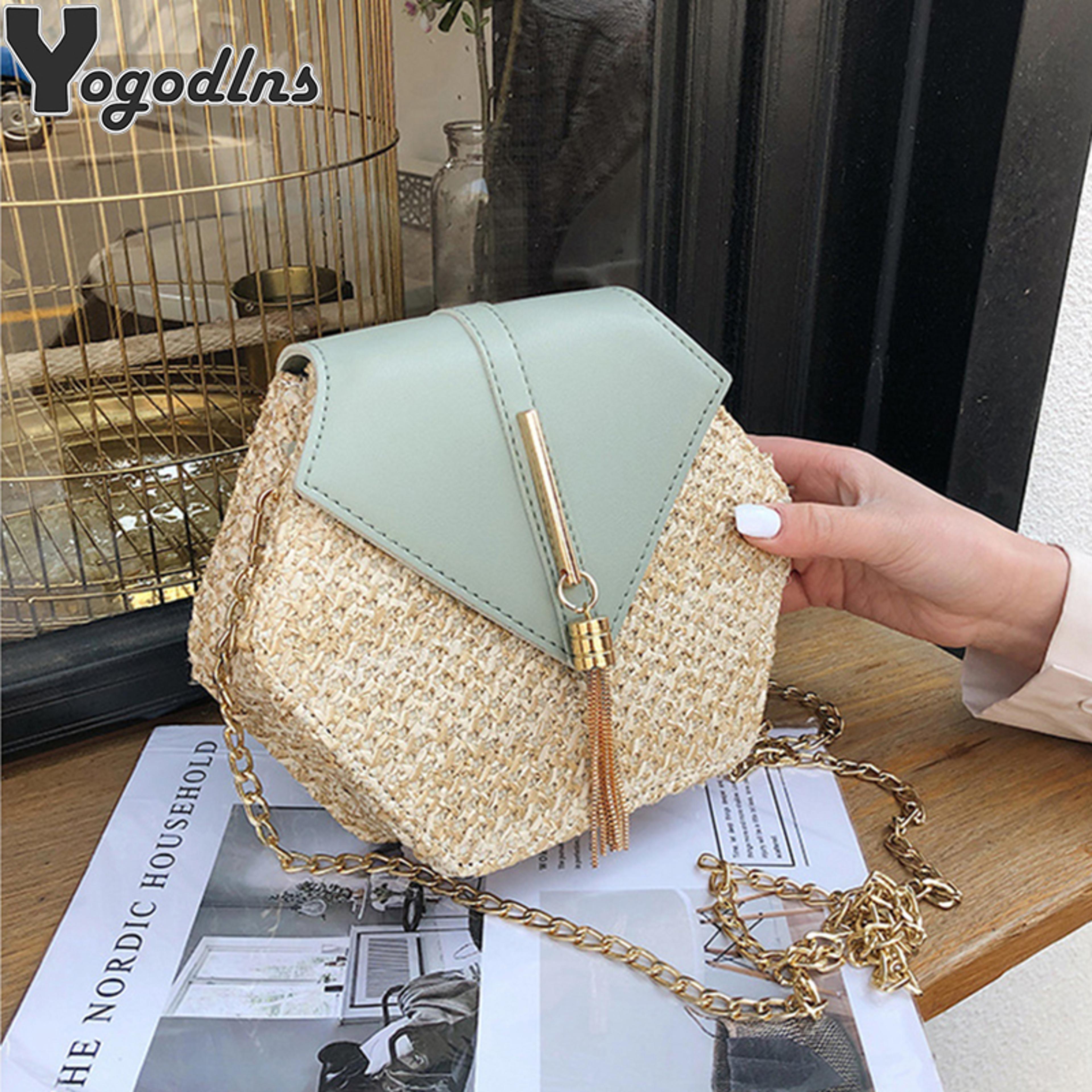 hexagonal bohemian straw & leather summer crossbody bag