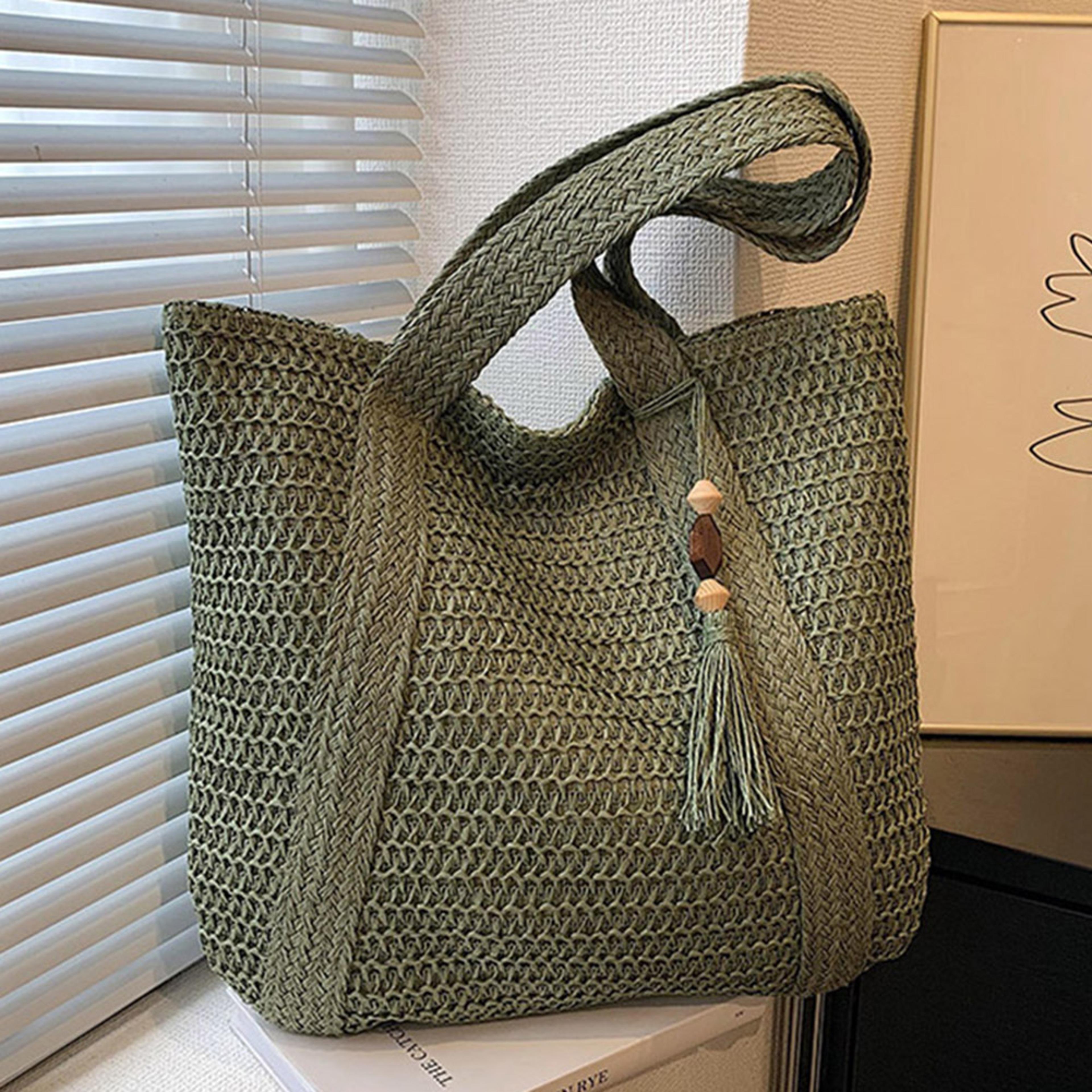 boho summer woven straw beach bag with tassel – large capacity women's shoulder tote