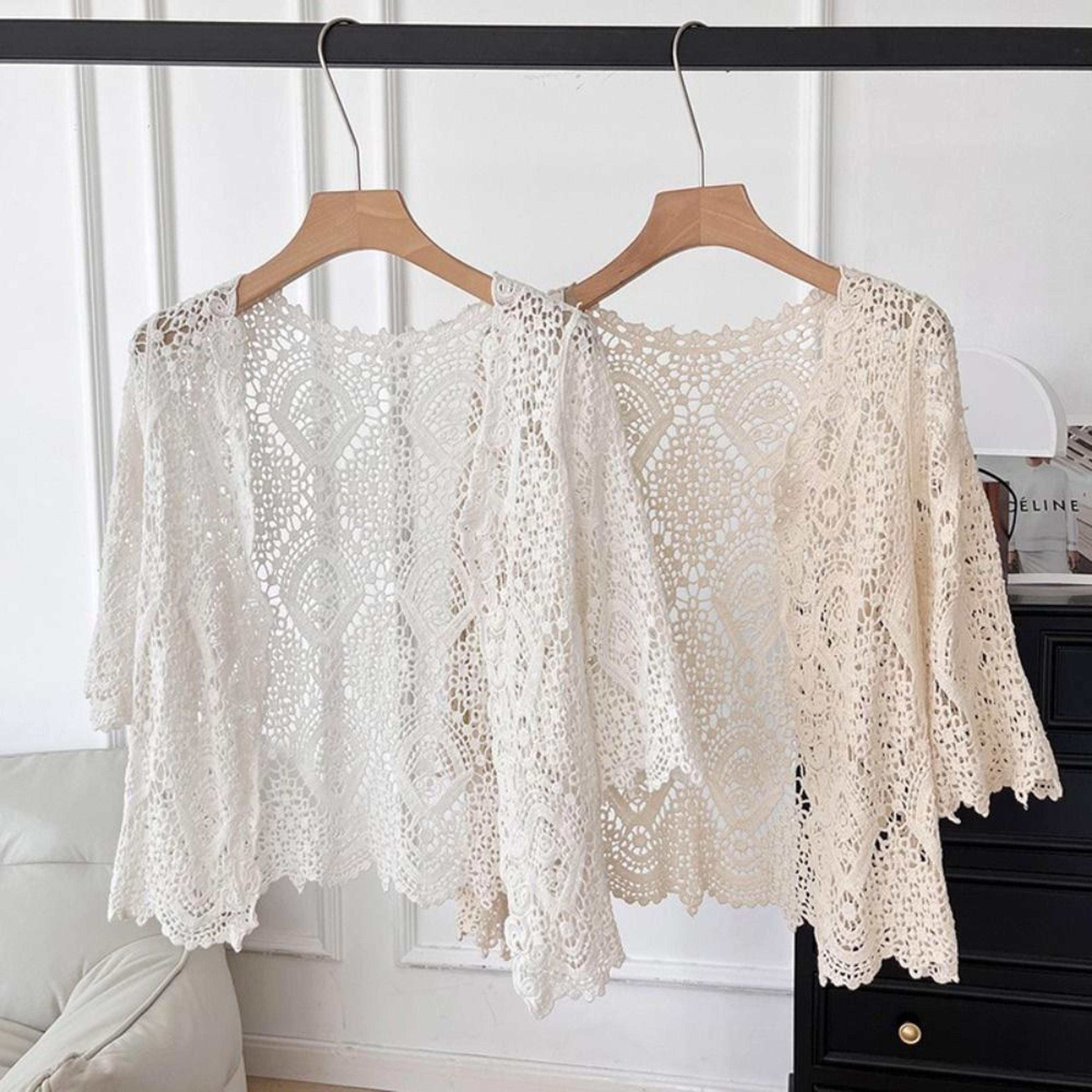 boho crochet open front cardigan lightweight knitted shrug with flare long sleeves for women