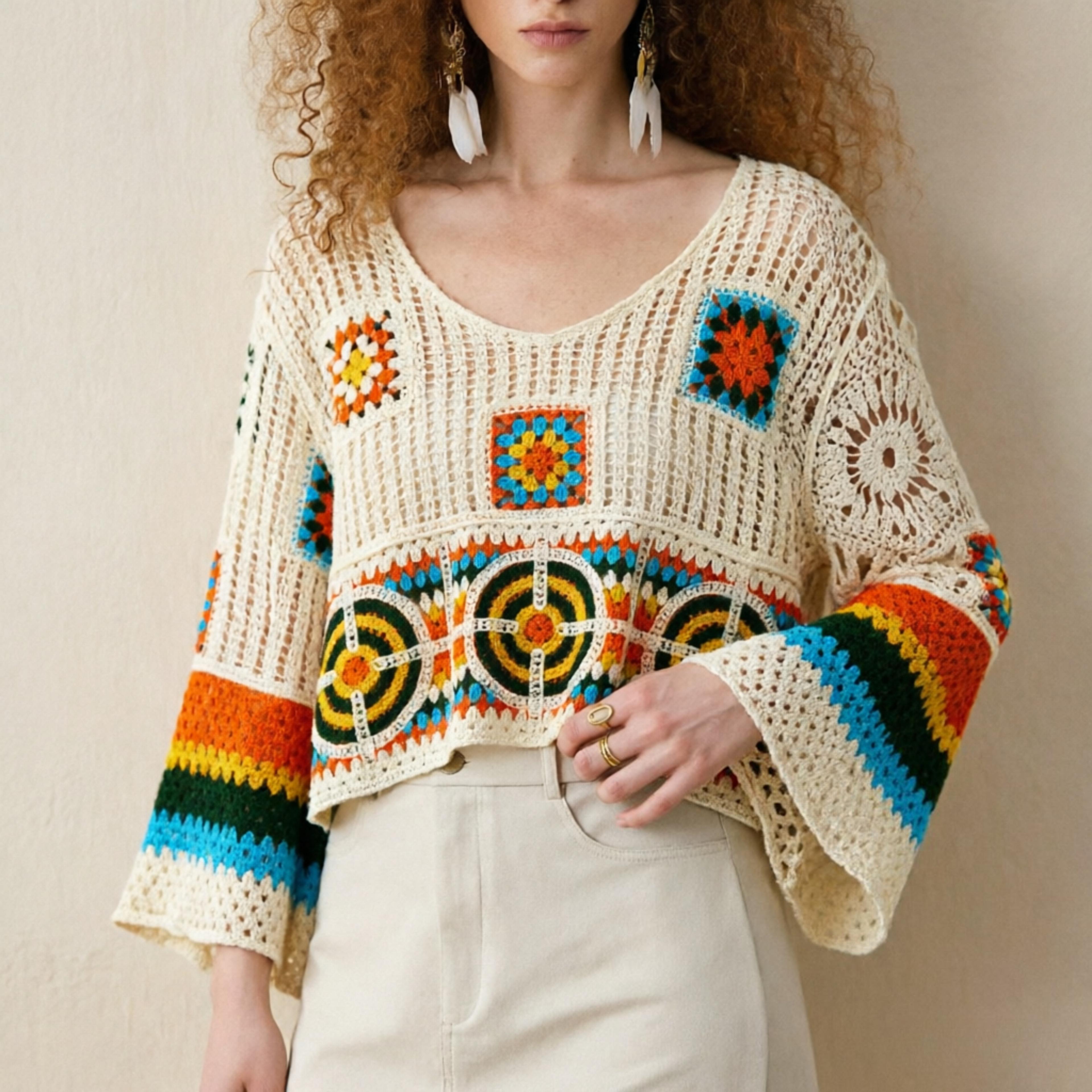 retro boho granny square crochet crop top sweater