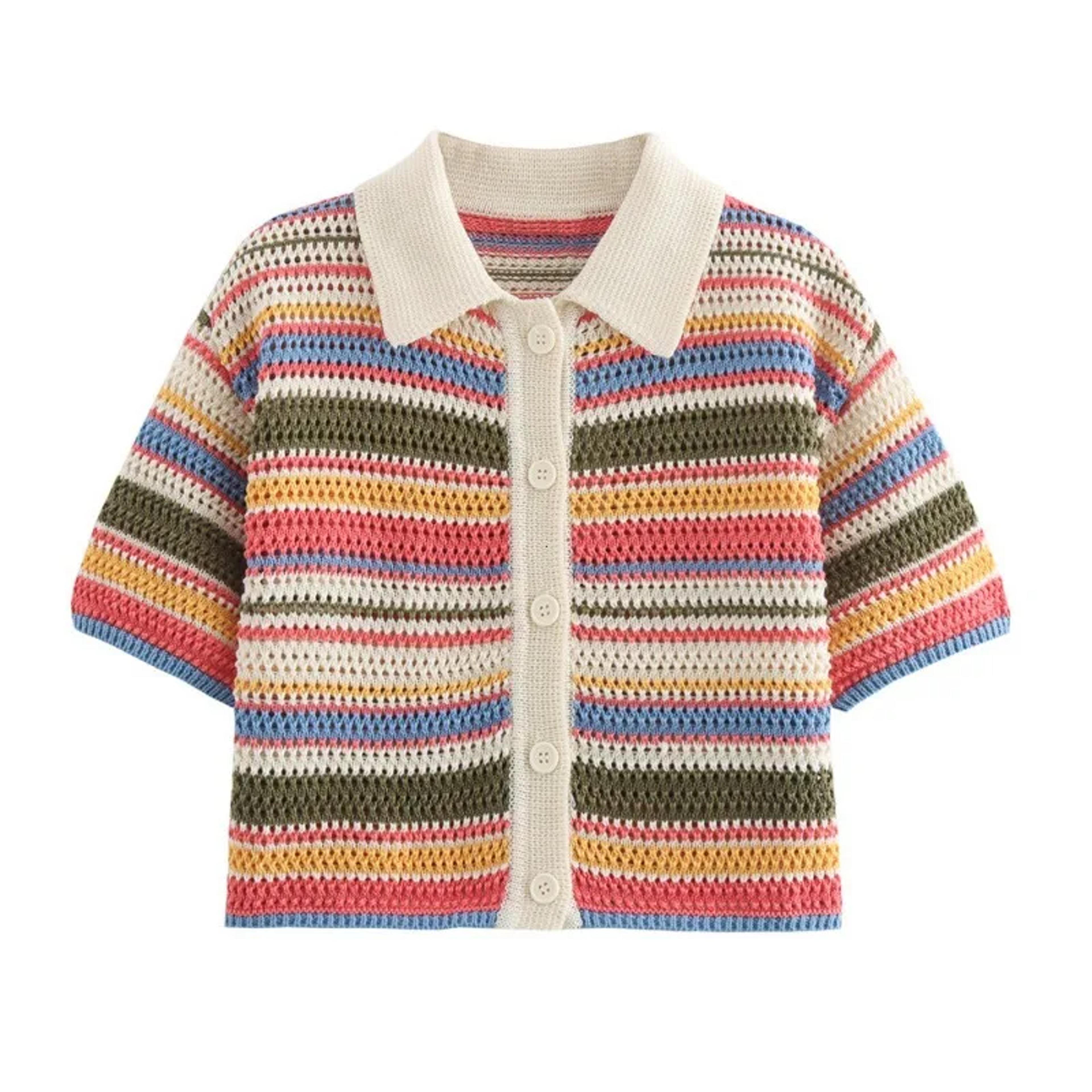 chic striped crochet knit crop sweater with polo collar and short sleeve button-up design