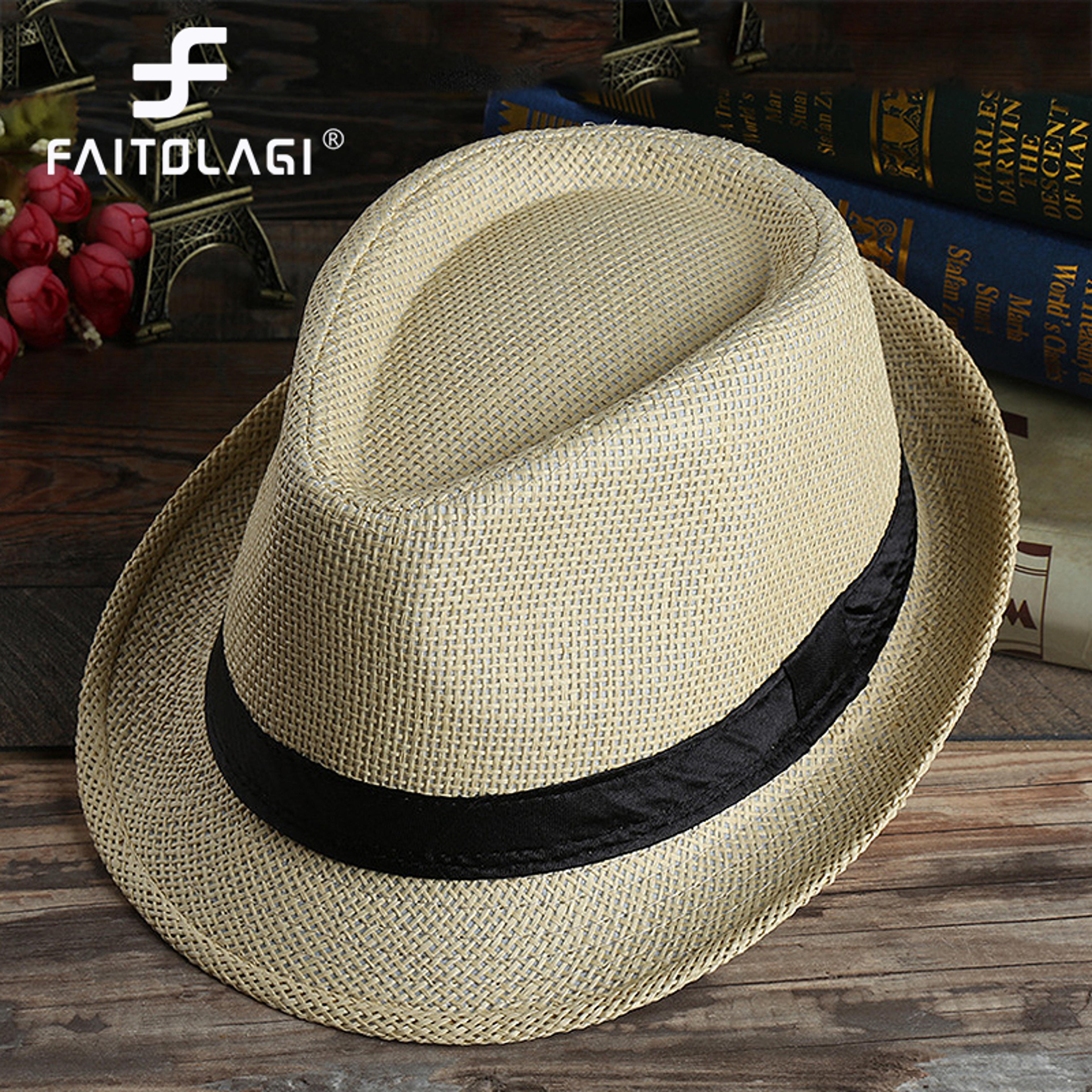 unisex summer beach sun hat breathable straw fedora with classic ribbon accent